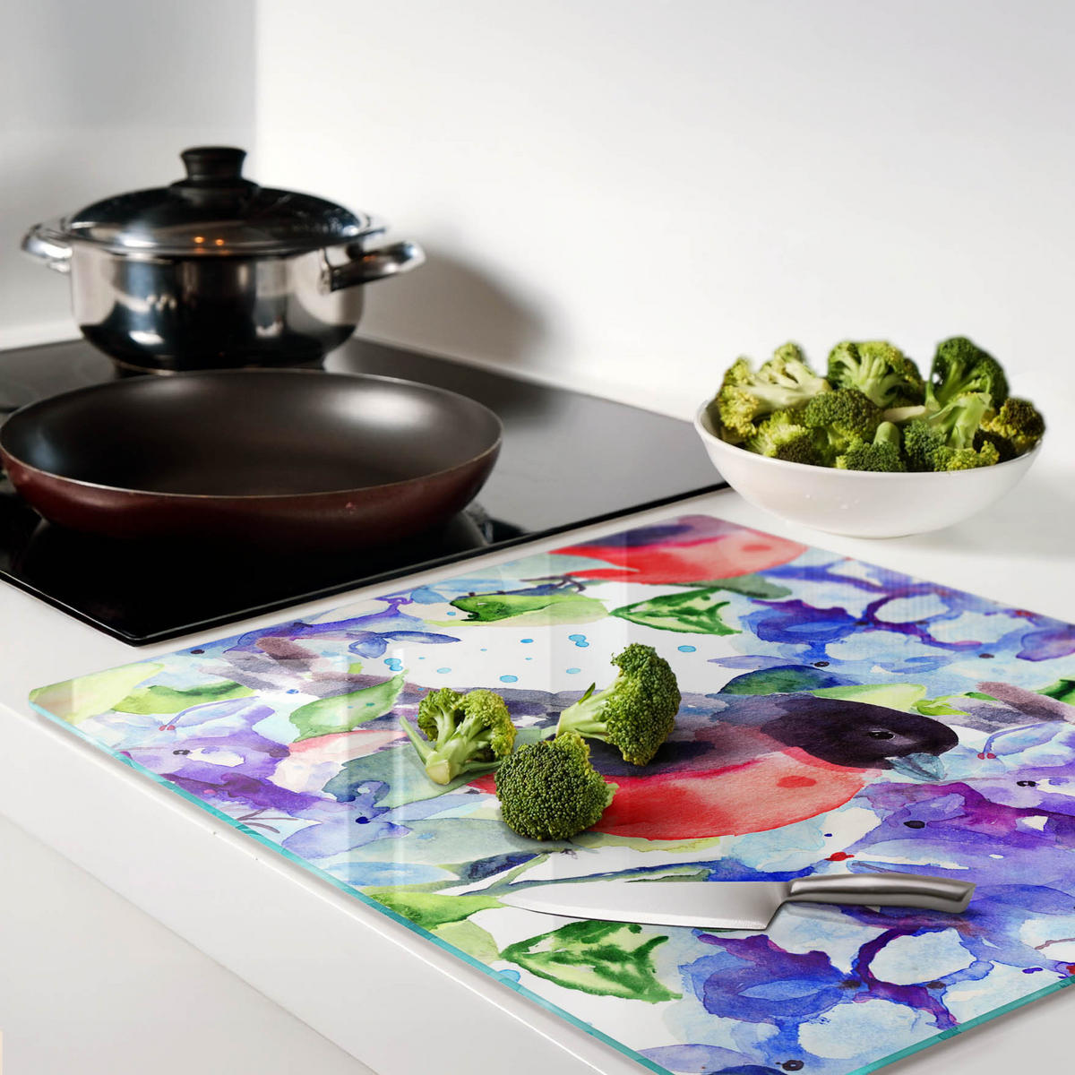 GLASPLATTE 60x52 cm Vogel und Blumen - Gelb/Multicolor, Glas (60/0.4/52cm) - TULUP