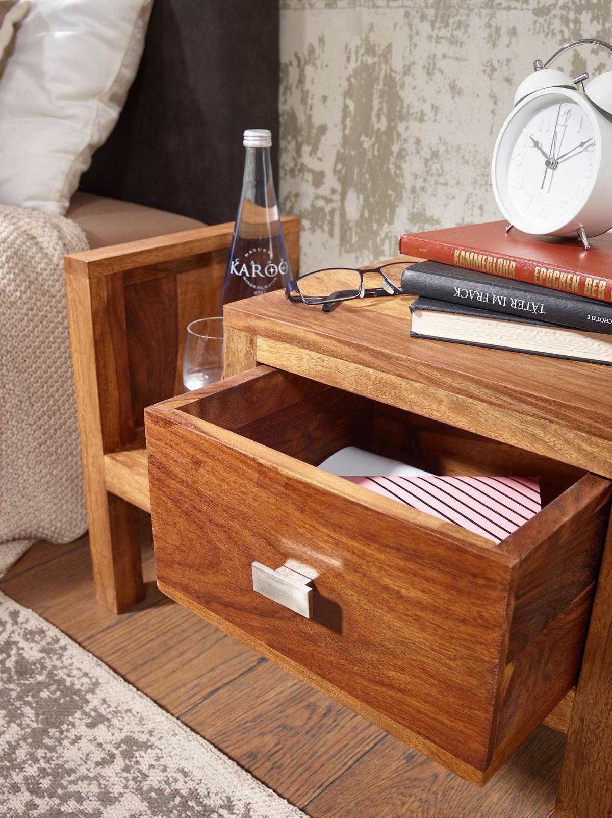 NACHTTISCH – Massivholz, Landhausstil, 60x30x40 cm, Schublade & Ablage - Braun, Holz/Metall (60/40/30cm) - KADIMA DESIGN