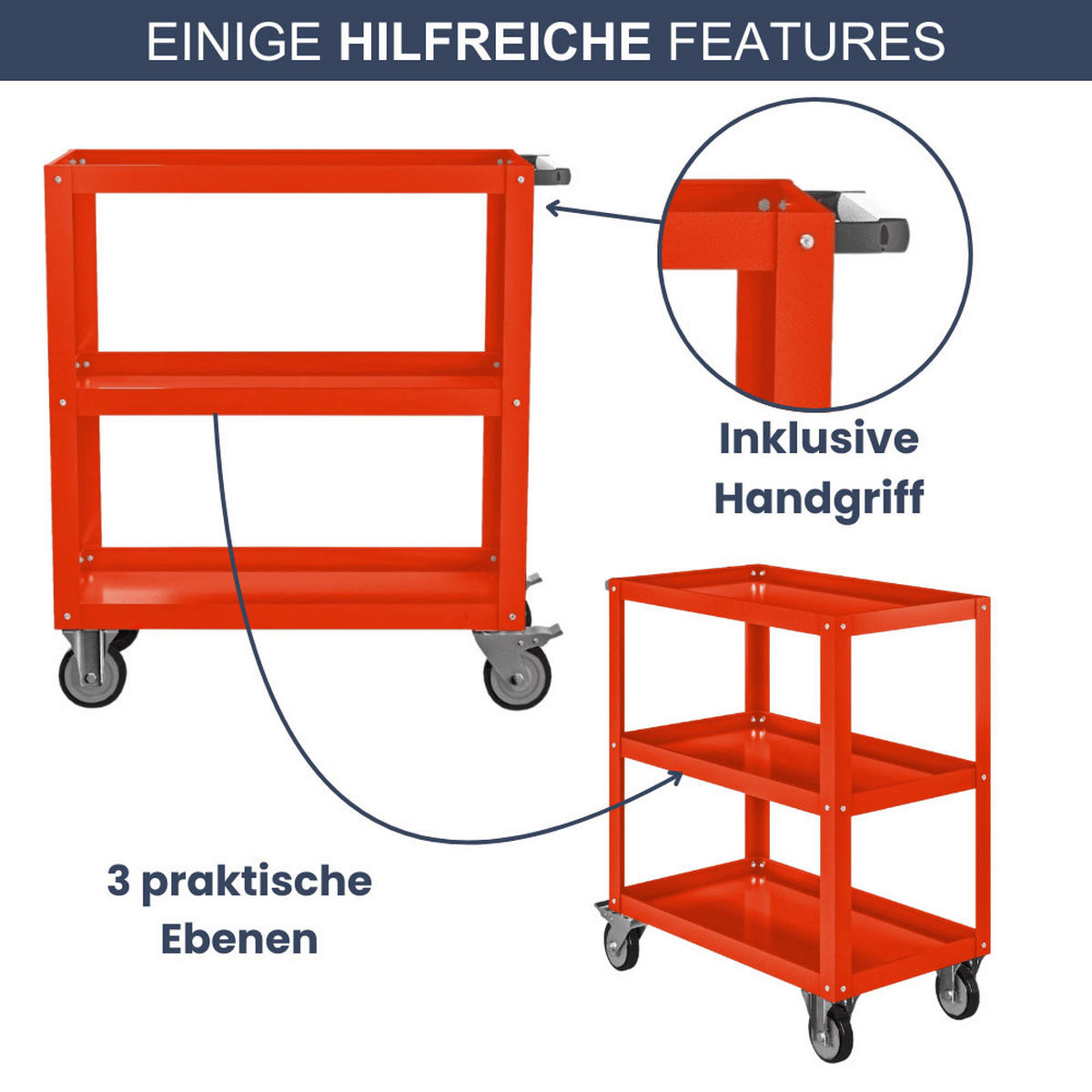 TISCHWAGEN mit Rollen Werkstattwagen AGUS 81,6x70x40cm Rot - Rot, Metall (70/81.6/40cm) - DELUKE