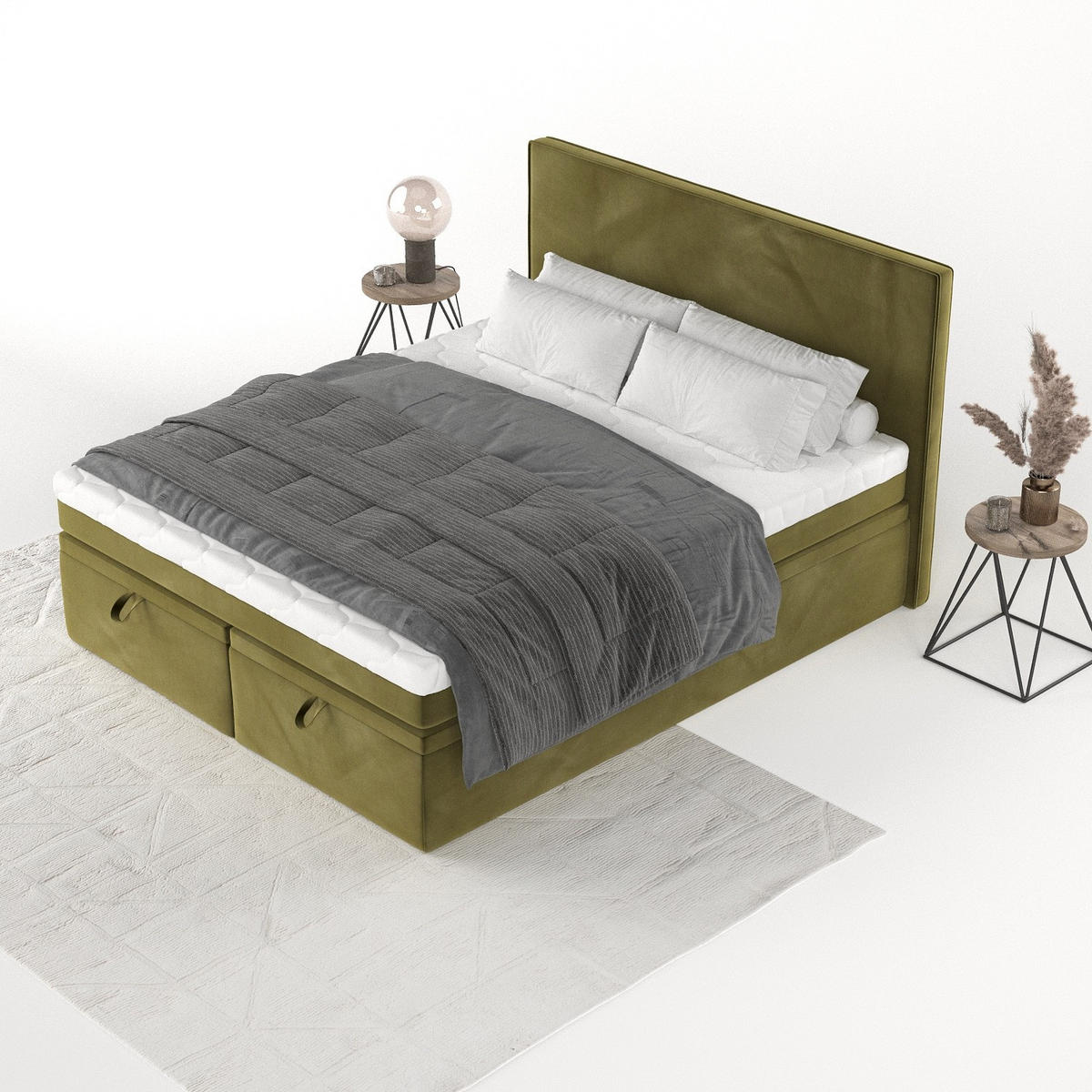 BOXBETT Zalla 140/200 cm Olivgrün im Kronos Stoff - Schwarz/Olivgrün, Holz/Holzwerkstoff (140/200cm) - AltaBeds