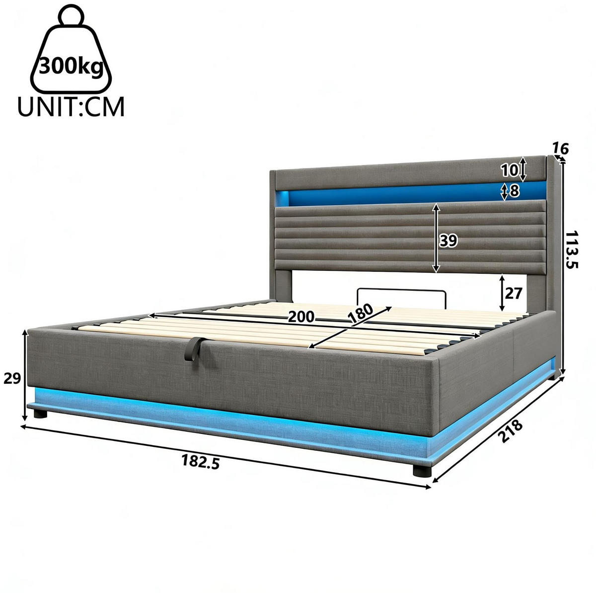 POLSTERBETT 180/200 cm mit LED-Beleuchtung, USB- und Typ-C-Anschluss, hydraulischem Stauraum und Leinenbezug, Grau - Grau, Textil (180/200cm) - Redom