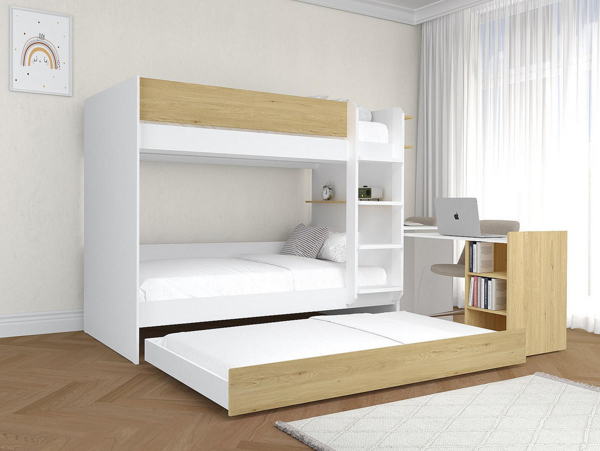 ETAGENBETT mit zusätzlichem Ausziehbett & 2 Schreibtischen - 3 x 90 x 190 cm - Weiß & Holzfarben - DOMATI - Naturfarben, Holz (100.4/196cm) - Vente-Unique