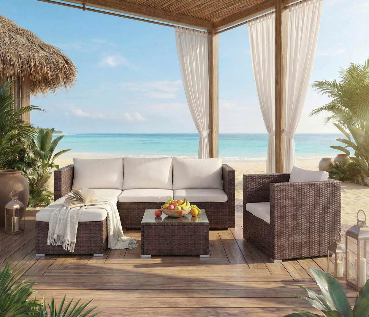 POLY-RATTAN-GARNITUR Braun, Cremeweiß - Braun/Weiß, Kunststoff - MCW