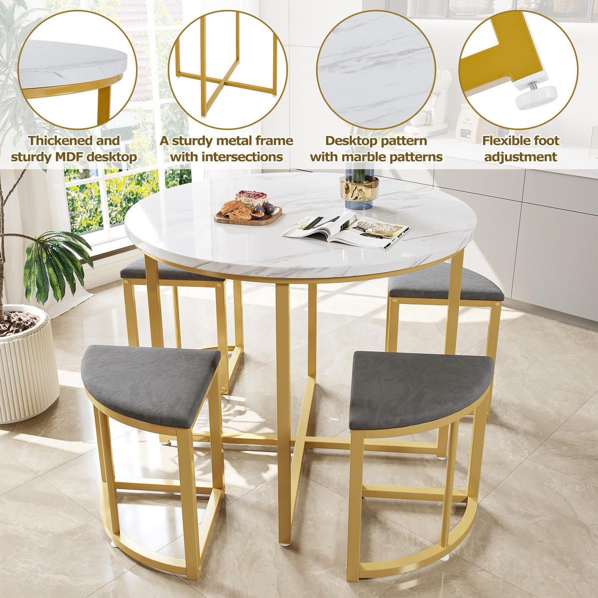 JÍDELNÍ SESTAVA MDF 4 Židle Samet Šedá Zlatá - různobarevná, kov (80/75/80cm) - FLIEKS