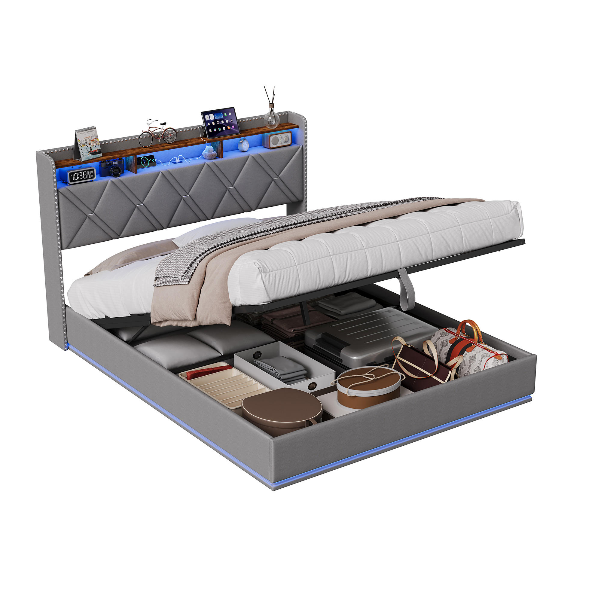 POLSTERBETT 160/200 cm Grau mit hydraulischem Stauraum, LED mit Ablage und USB - Grau, Metall (160/200cm) - EuroLiving