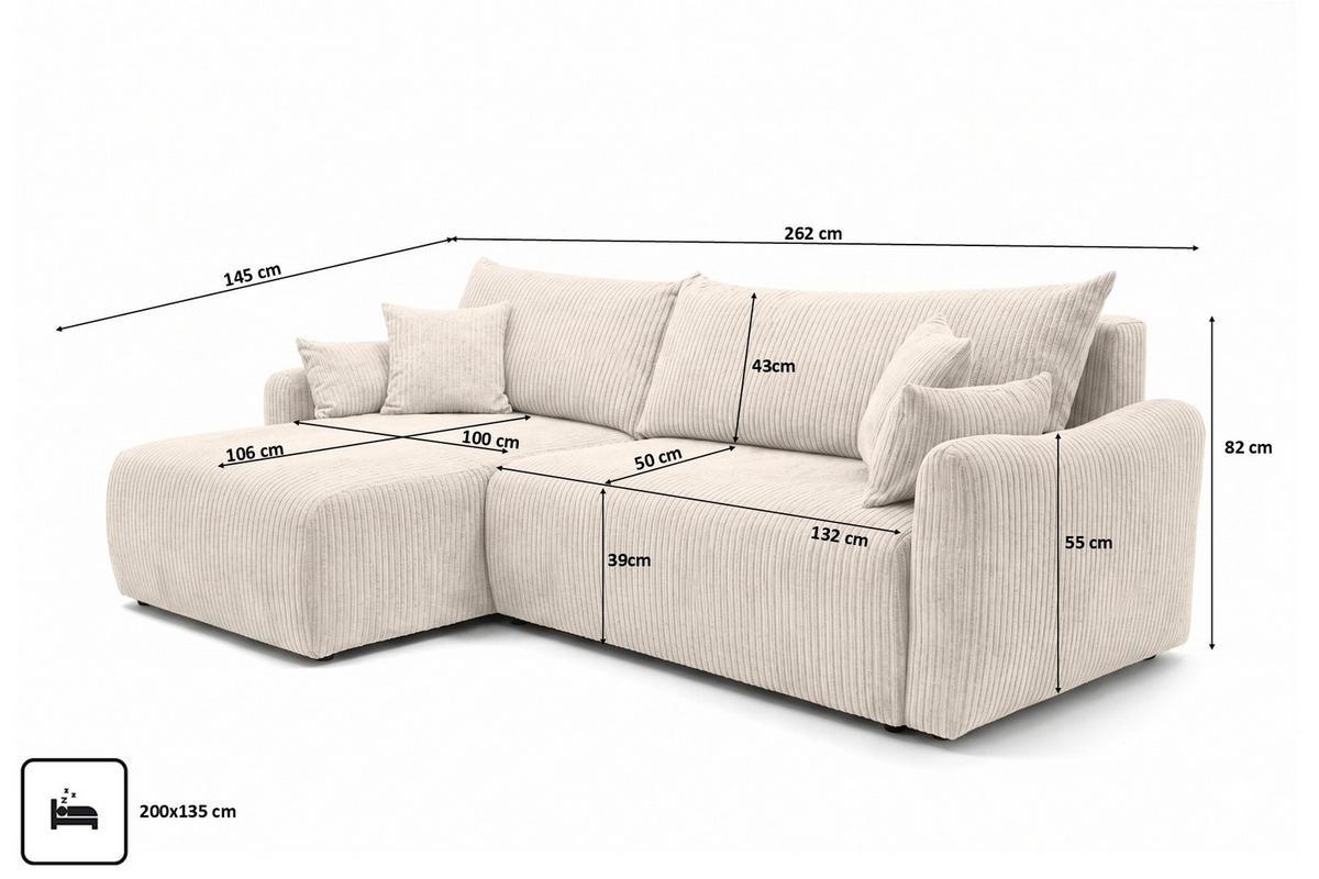 ECKSOFA Mit Schlaffunktion, Cordstoff Poso, Beige, Links, JAPANDI - Creme, Holz (262/145cm) - Kaiser Möbel