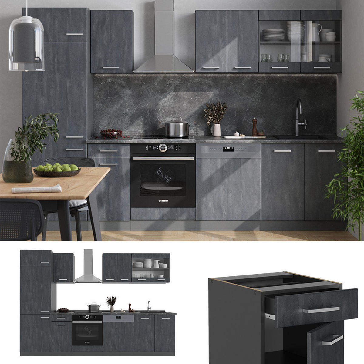 KÜCHENZEILE R-Line Schwarz Beton/Anthrazit 300 cm AP Anthrazit - Anthrazit/Schwarz, Holzwerkstoff (300/81.6/60cm) - Vicco