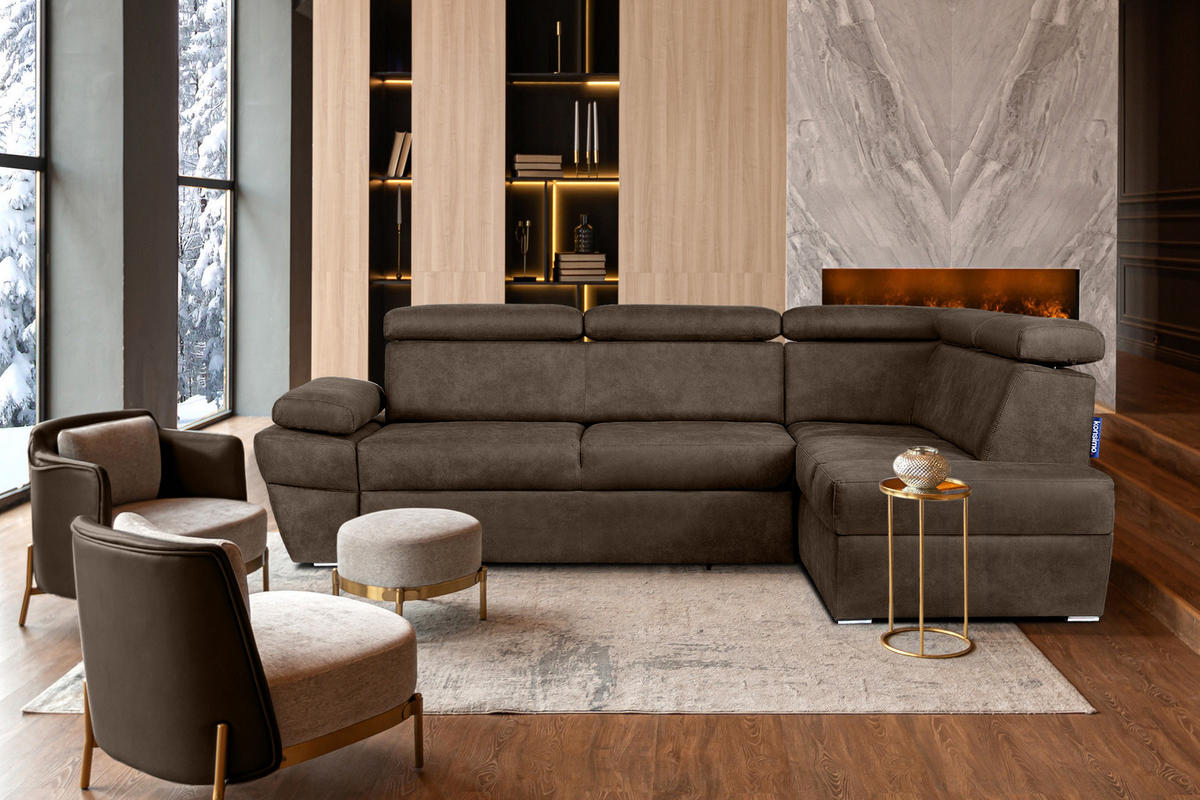 SCHLAFECKSOFA RATLO rechts 4/5-Sitzer mit Bettkasten in Lederoptik, braun - Dunkelbraun/Silberfarben, Textil (270/190cm) - KONSIMO®