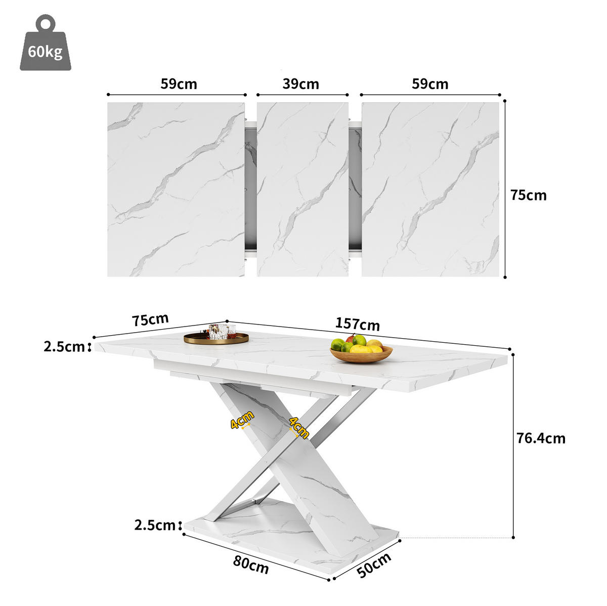 ESSTISCH 118-157x75x76 cm in Weiß aus MDF mit Marmoroptik auf Kreuzgestell ausziehbar - Weiß, Holzwerkstoff (157/75/76.4cm) - Modfu