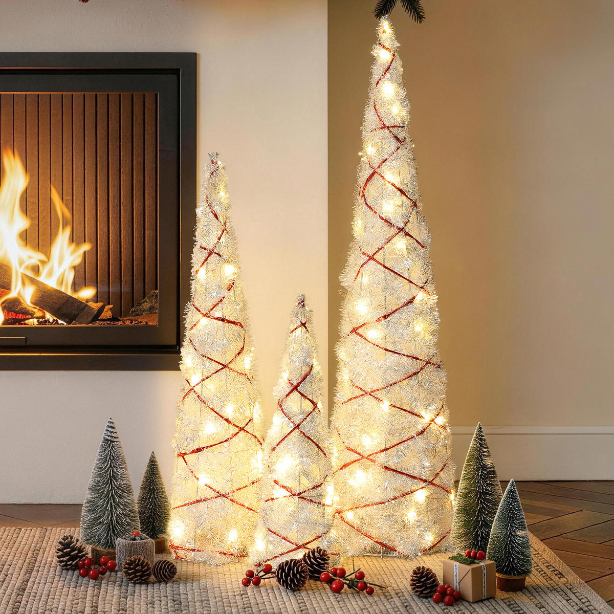 WEIHNACHTSBAUM Beleuchtet HTHD0270 - Silberfarben/Rot, Kunststoff/Metall (20/80/20cm) - Hometopia
