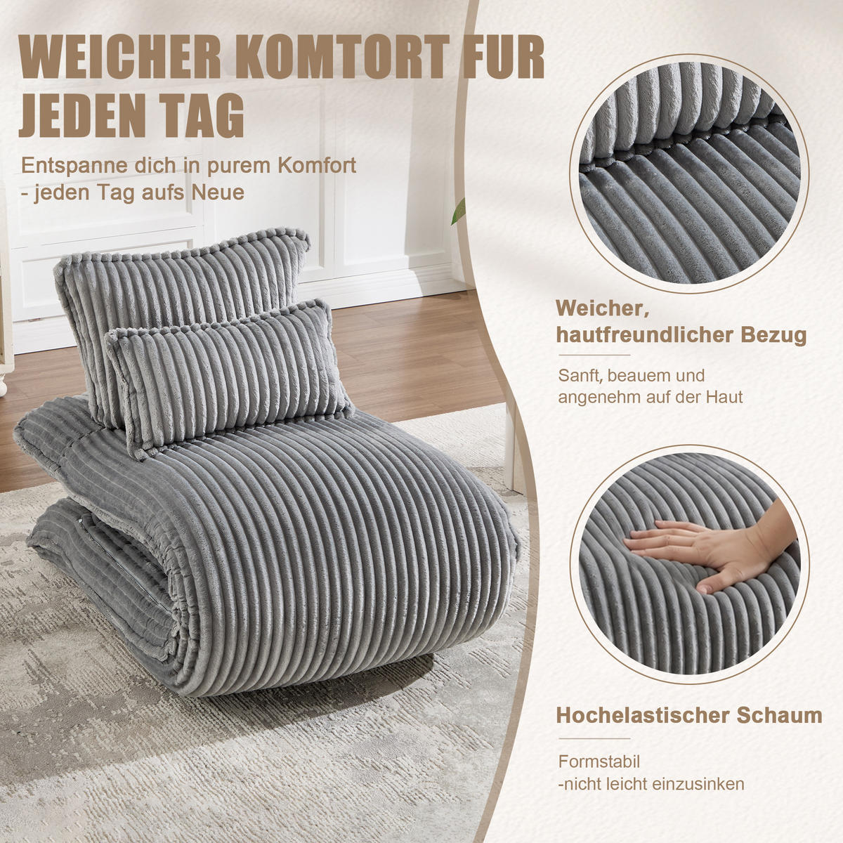 SCHLAFSESSEL 2-in-1, Cord, Metall--Rückenlehne, 227cm Länge, Beige - Grau, Textil/Metall (74.5/78.5/107cm) - LVHOM