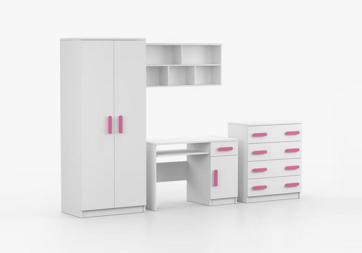 JUGENDZIMMER Elora in Weiß – 4-teiliges Set mit Schreibtisch, Kommode, Wandregal und Schrank – Grifffarbe Rosa - Weiß, Holzwerkstoff (80/200/120cm)