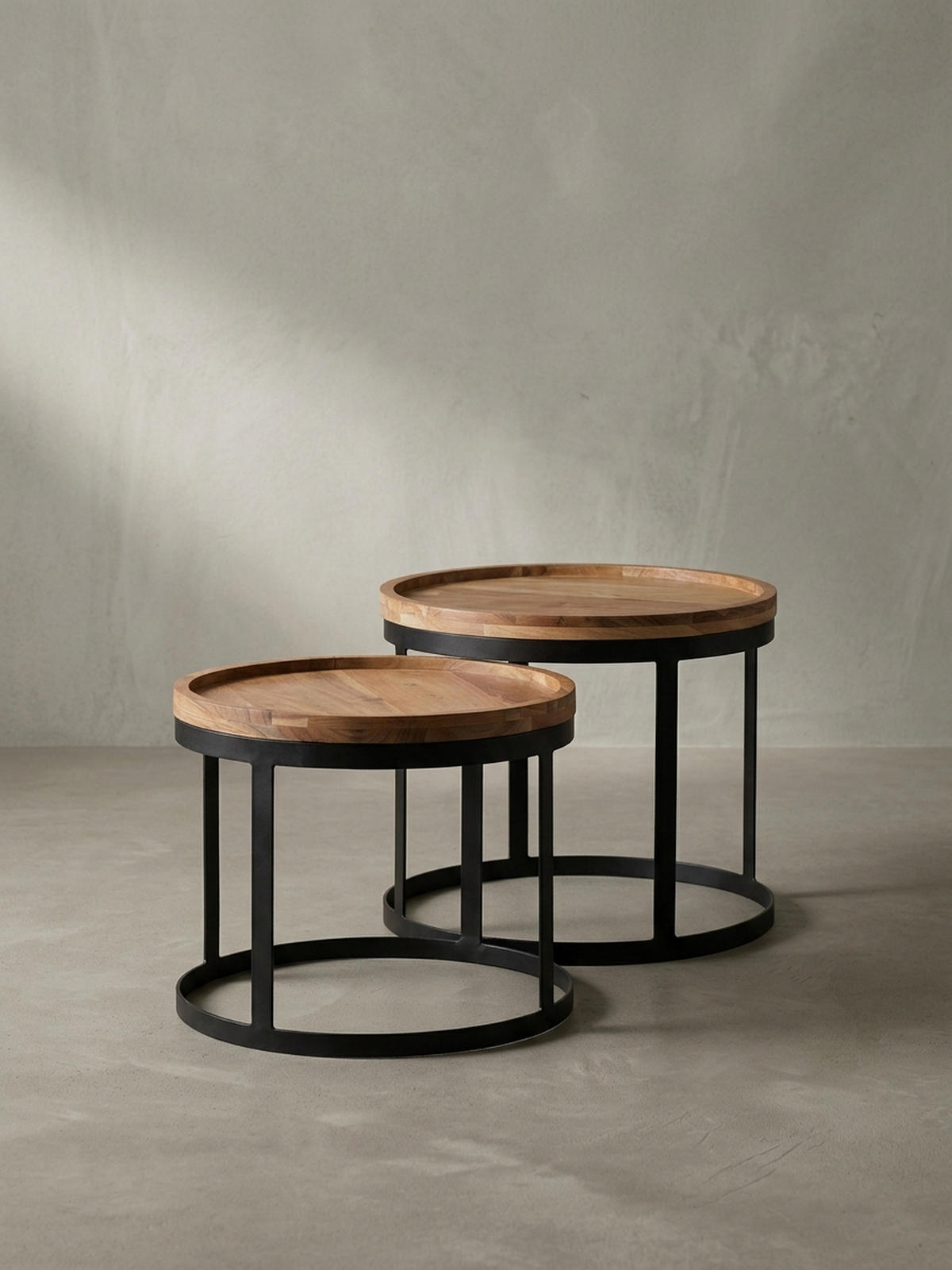 BEISTELLTISCH 2er Set Massivholz Metallgestell Rund Natur INDI, Beige 53x53x45 cm - Beige/Schwarz, Holz/Metall (53/53/45cm) - KADIMA DESIGN
