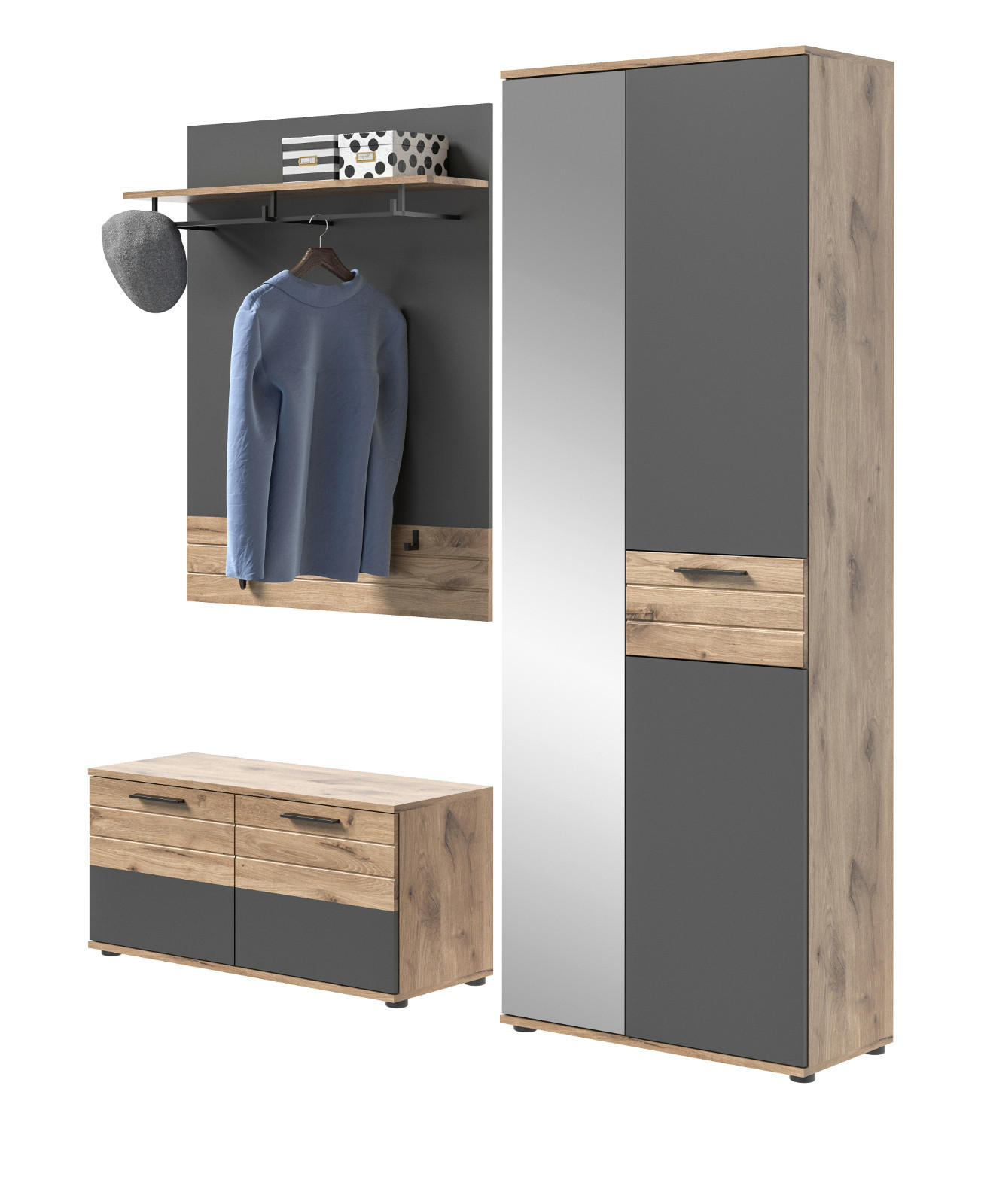 GARDEROBEN-SET Eiche, grau 3-teilig 175 cm mit Soft-Close - Eichefarben/Schwarz, Glas/Holzwerkstoff (175/200/37cm) - Inn.Furn