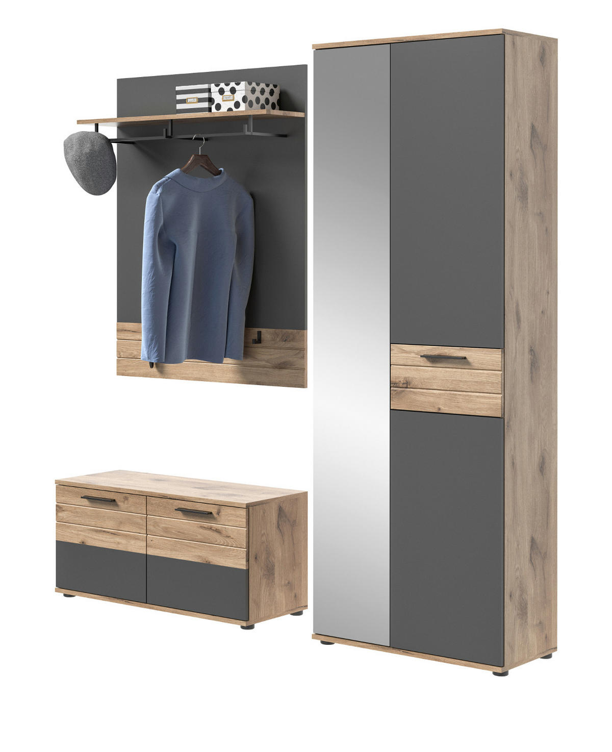GARDEROBEN-SET Eiche, grau 3-teilig 175 cm mit Soft-Close - Eichefarben/Schwarz, Glas/Holzwerkstoff (175/200/37cm) - Inn.Furn