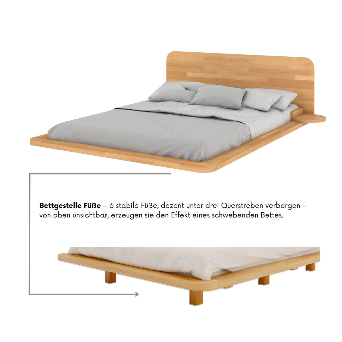 MASSIVHOLZBETT Japandic 180/200, schwebende Optik, Buche - lackiert, Naturfarben - Buchefarben, Holz/Buchenholz (180/200cm) - Kayani