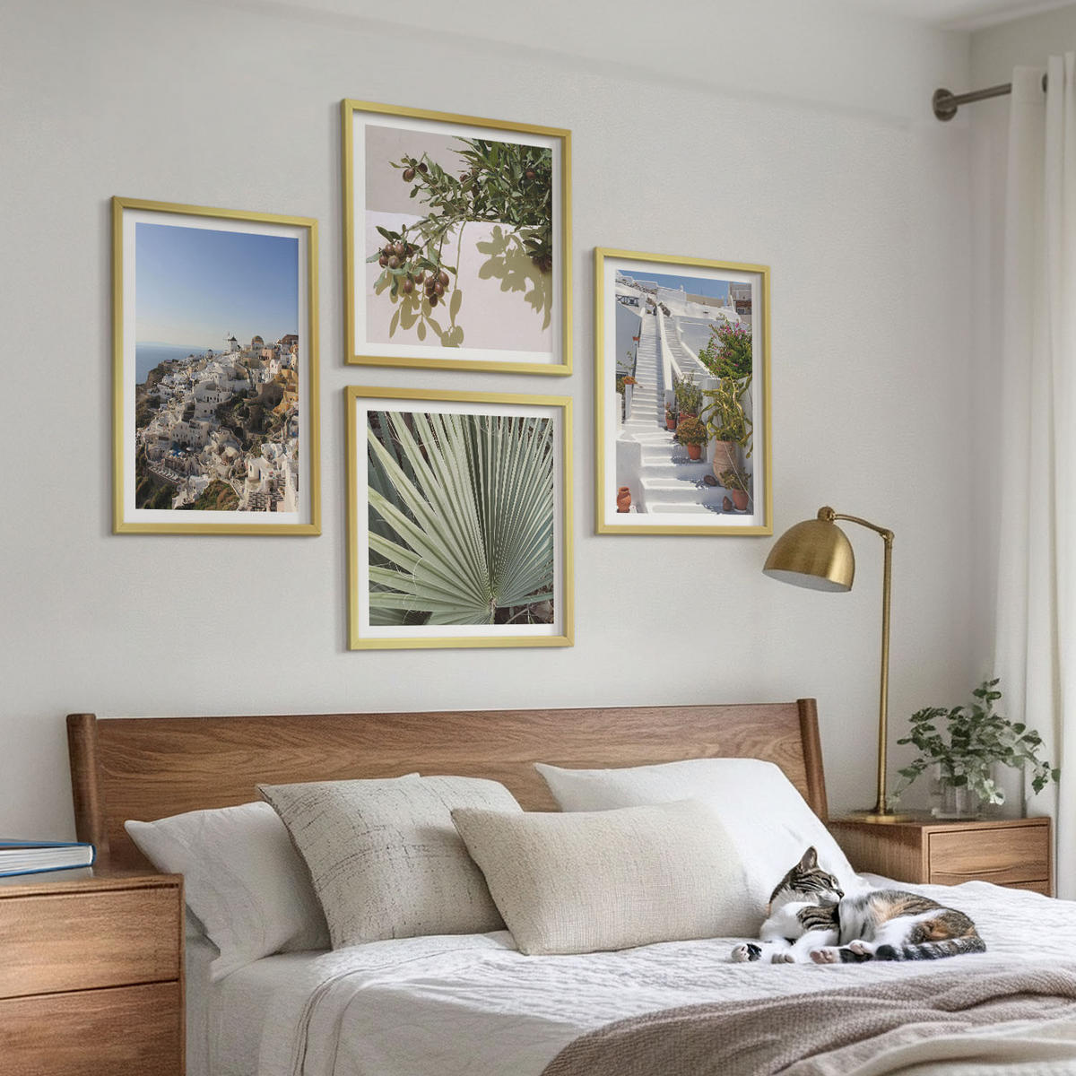 BILDER SET 4er Set - 50x50 cm & 40x60 cm Goldrahmen - Weiße Treppe mit Blick auf Santorini - Goldfarben, Kunststoff (50/50cm) - TULUP