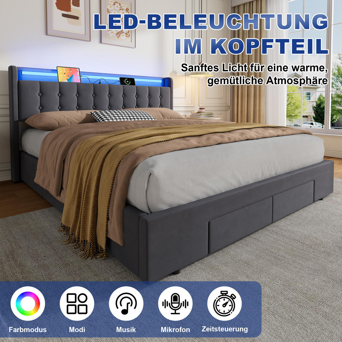 ČALOUNĚNÁ POSTEL 180/200 cm s matrací, zásuvkou a úložným prostorem, se zásuvkami - šedá, kov/kompozitní dřevo (180/200cm) - STILVORA