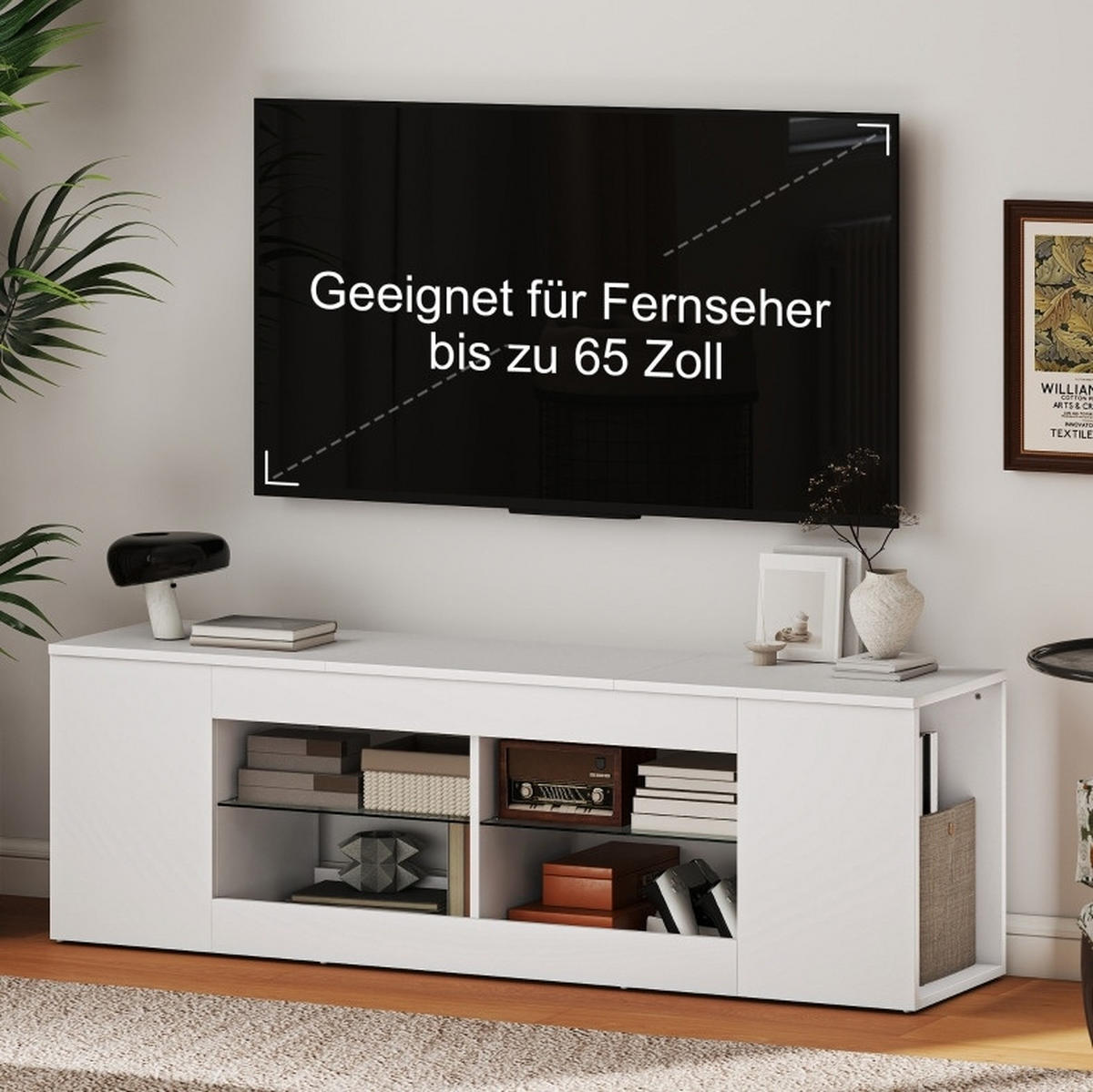 TV stolek 140 cm se 6 přihrádkami a 2 skleněnými policemi, FSC dřevotříska, Bílá - bílá, sklo (140/42.5/35cm) - Redom