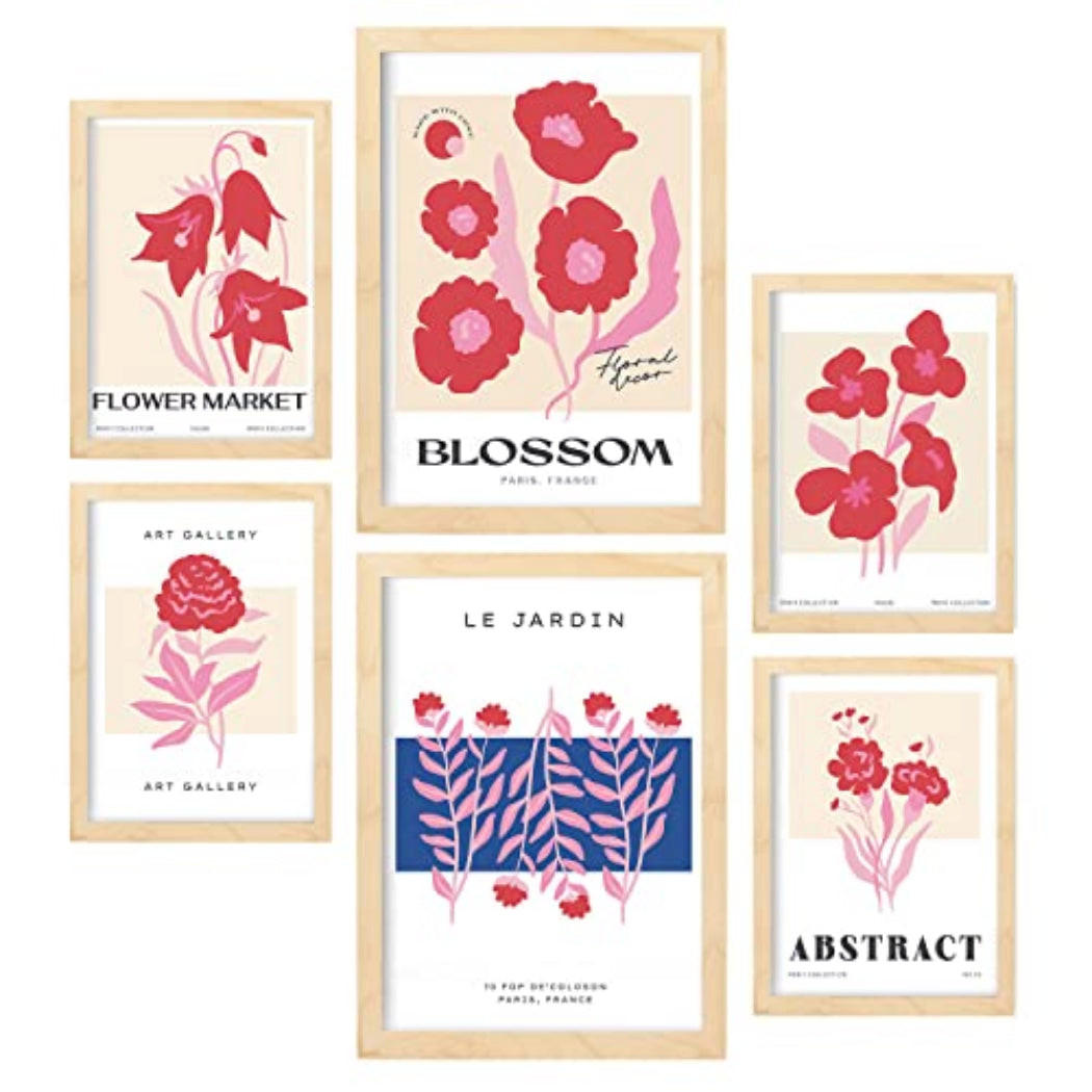POSTER Set Mit 6 Blumen Blühen Natur Und Botanikdrucke Für Innenarchitektur A3 & A4 Rahmen Aus Hellem Holz - Beige, Papier (29/3cm) - Nacnic