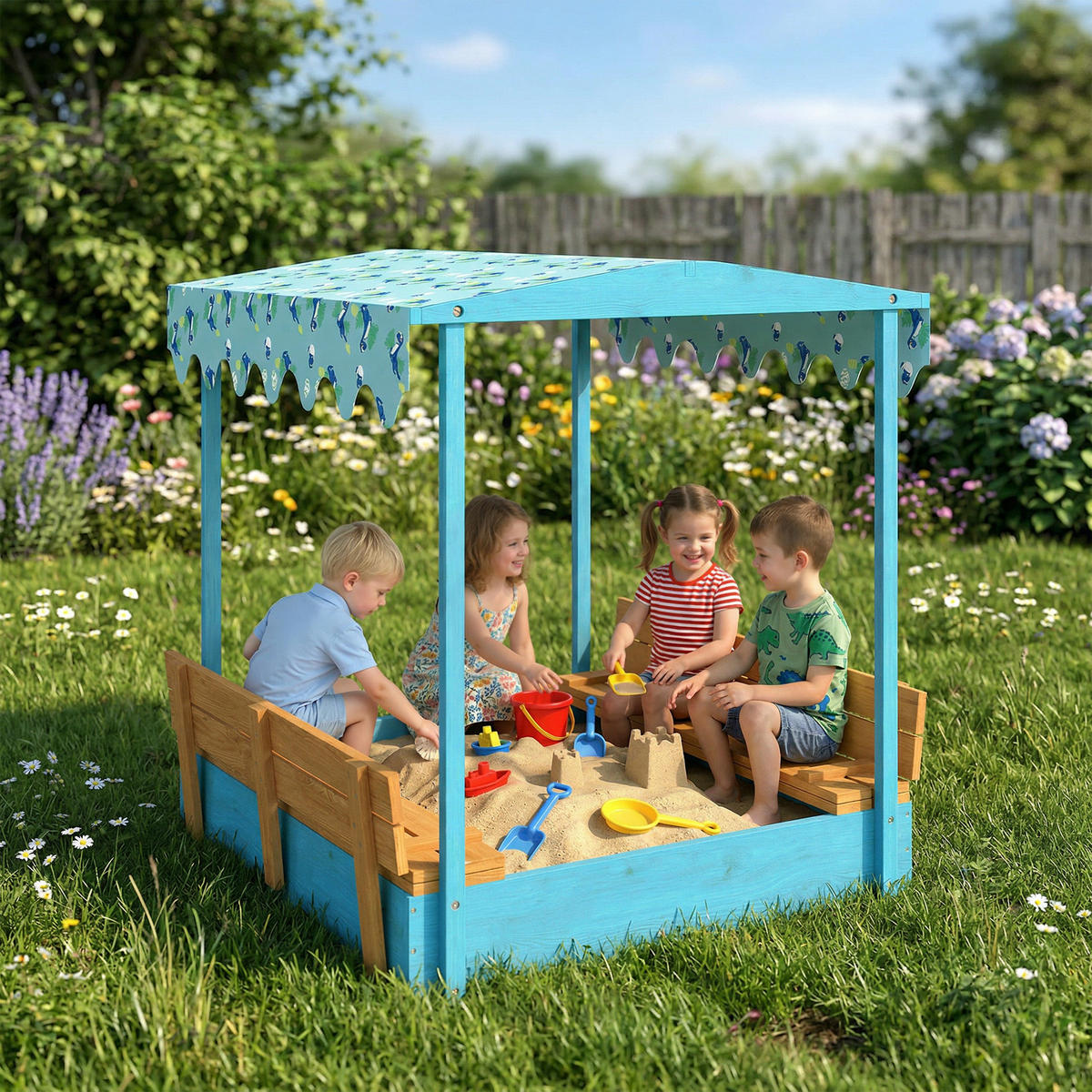 SANDKASTEN DE-18760 mit Klappbänken & Flamingo-Sonnensegel Blau - Blau, Holzwerkstoff (134.5/127.5/130cm) - ComfortXL