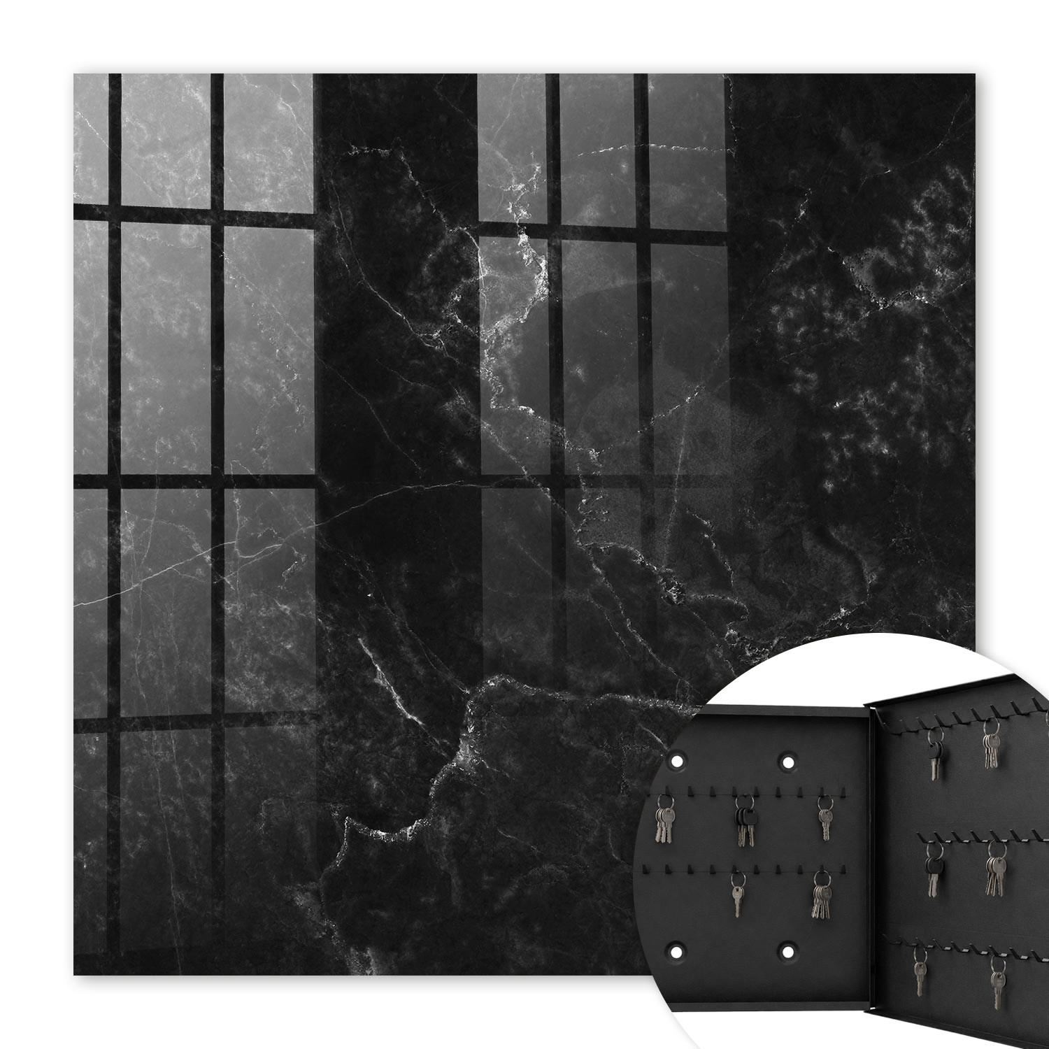 SCHLÜSSELBOX Schwarz 30x30 cm- Türöffnung nach rechts - Marmorabstraktion - Schwarz, Metall (30/30/5cm) - TULUP