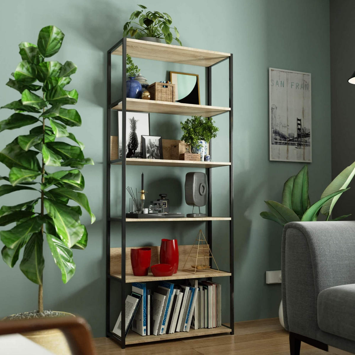 INDUSTRIEREGAL Schwarz, Sonoma Eiche 80x192x32 cm - Schwarz/Sonoma Eiche, Holzwerkstoff/Metall (80/192/32cm) - Akord