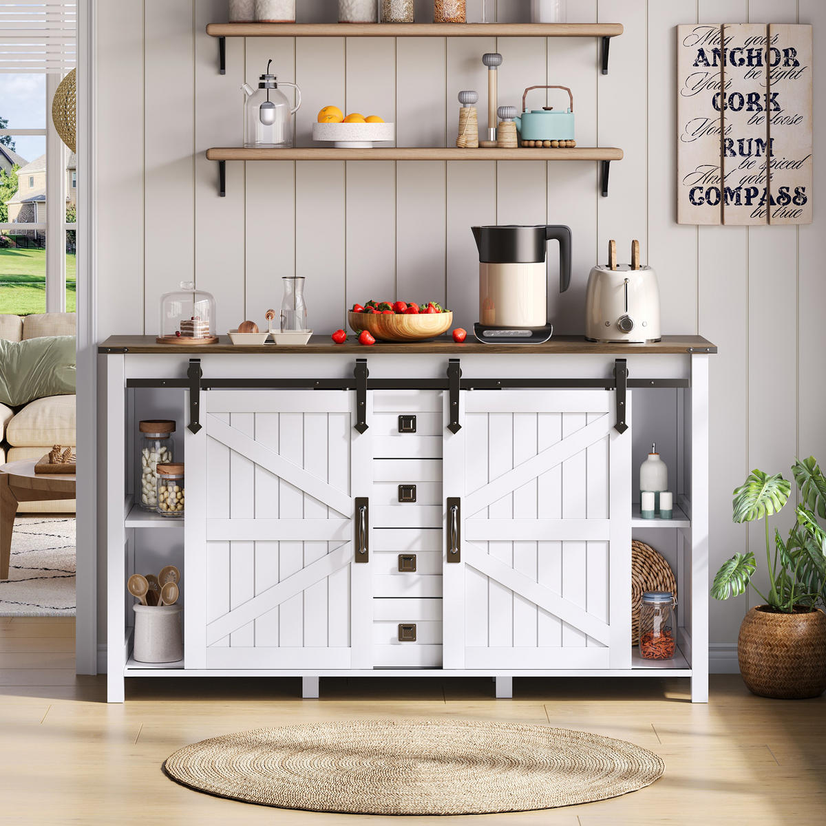 SIDEBOARD 137 cm mit Schiebetüren und 4 Schubladen, Weiß - Weiß, Holzwerkstoff (137/81.5/40cm)