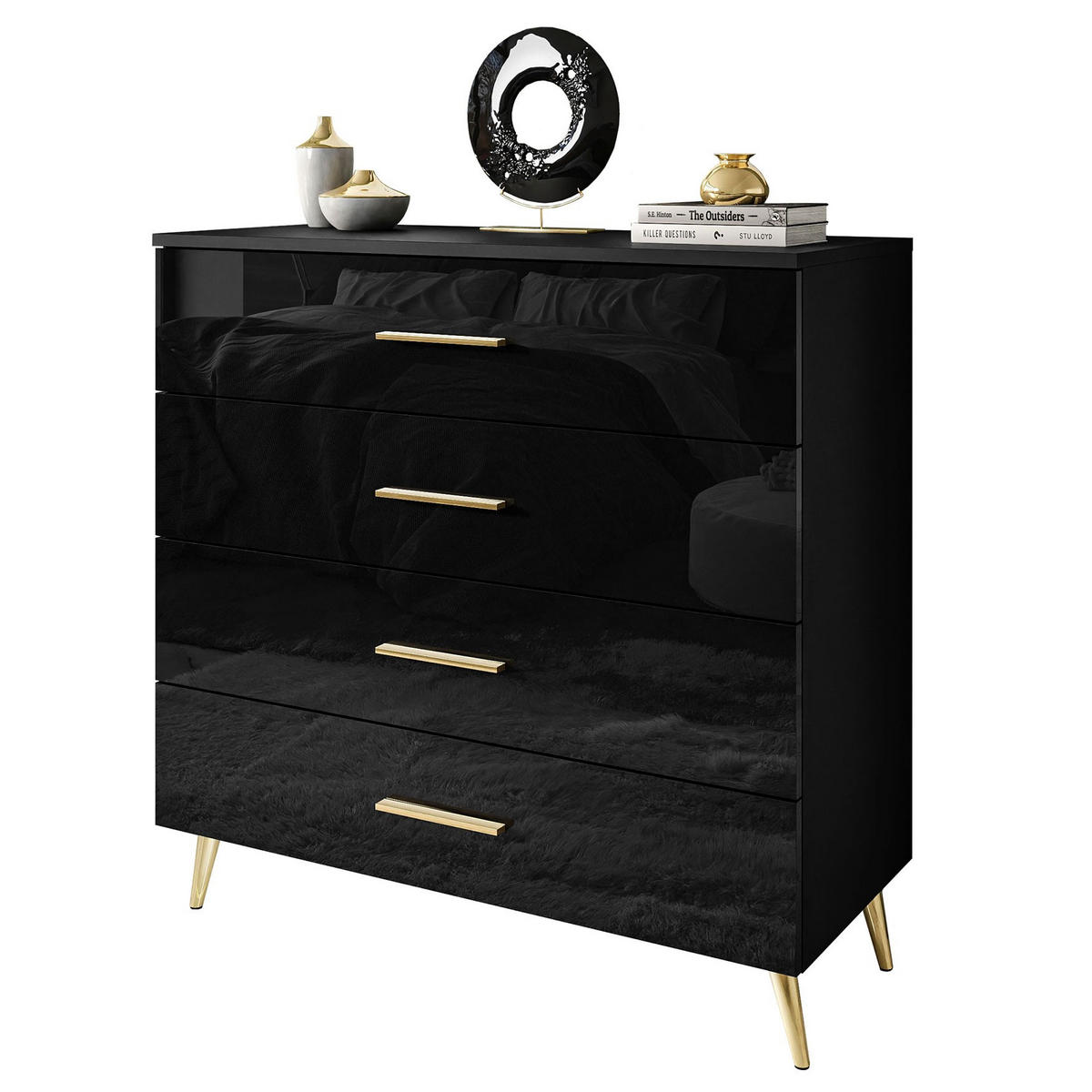 KOMMODE AURA GRIFFE mit Schubladen Beinfarbe – Gold - Schwarz, Holzwerkstoff (95/86/40cm) - Lookway