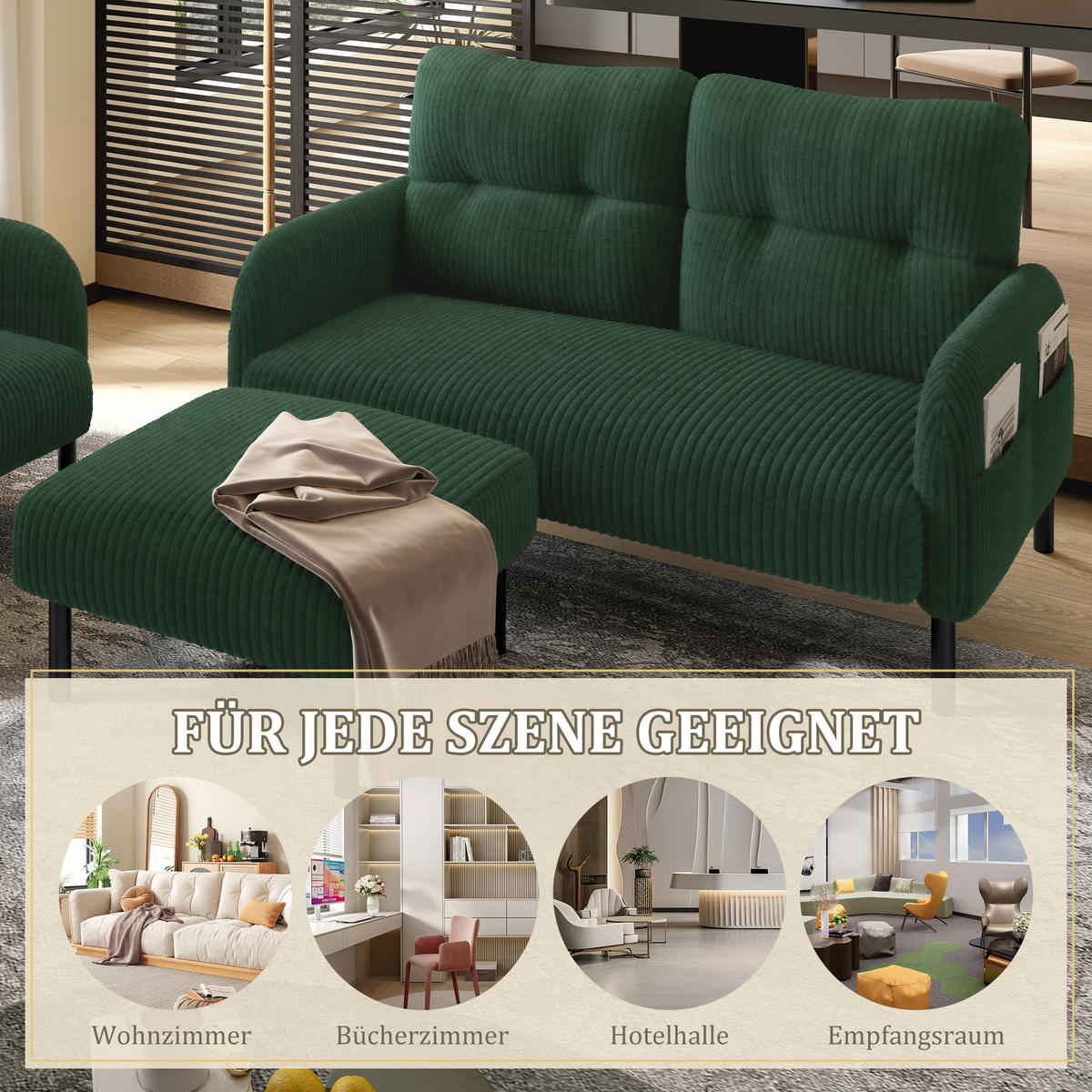SOFA Set, 2-Sitzer+Sessel+Hocker, Cord, Grün - Schwarz/Grün, Textil/Metall (120/79/75cm) - LVHOM