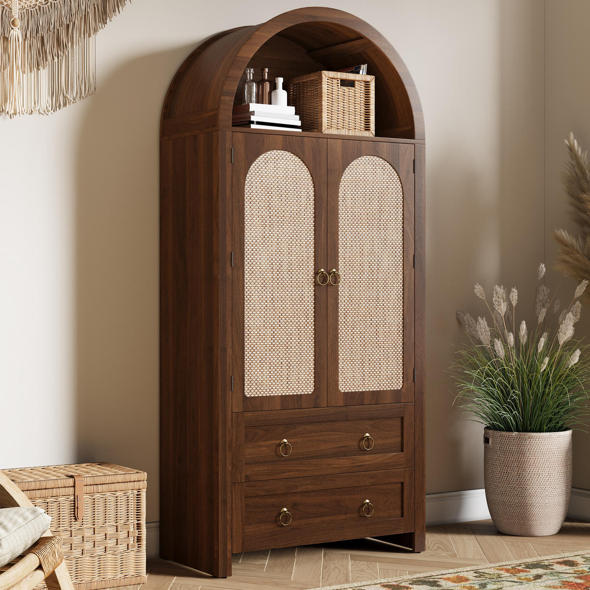 SIDEBOARD Rattan Bogen 2 Schubladen - Nussbaumfarben, Holz (80/180/40cm) - Fortuna Lai