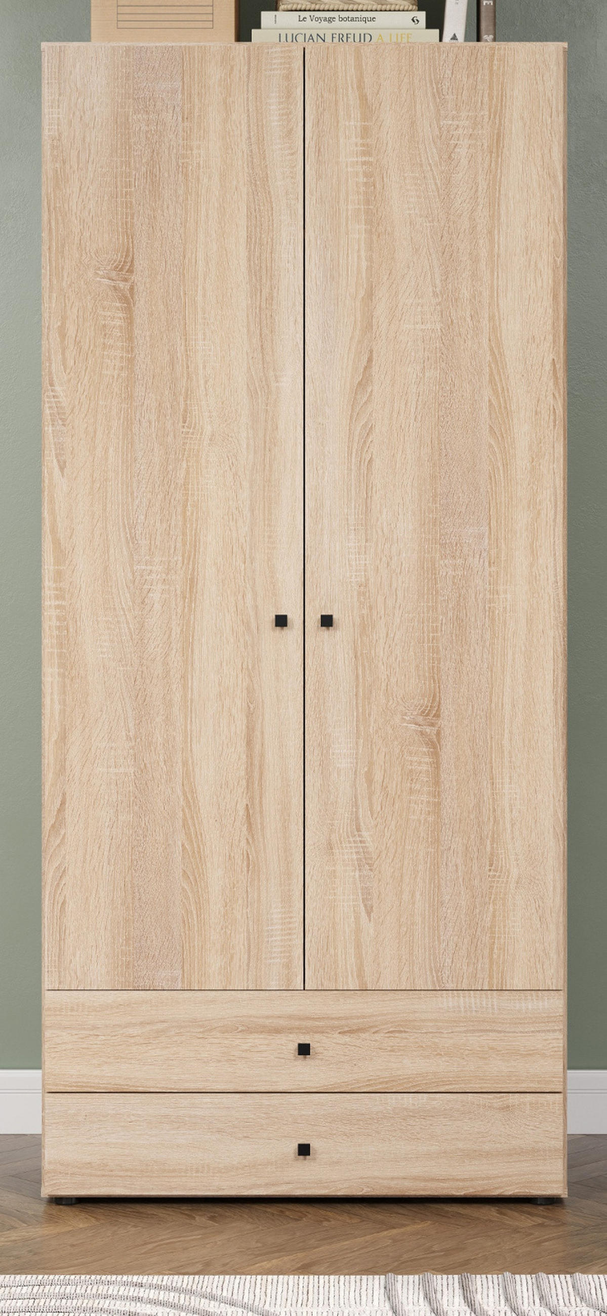 KLEIDERSCHRANK Eiche Sonoma hell 81 x 176 cm, Drehtürenschrank 2-türig mit Schubalden - Schwarz/Sonoma Eiche, Holzwerkstoff/Kunststoff (81/176/51cm) - Top.Furn