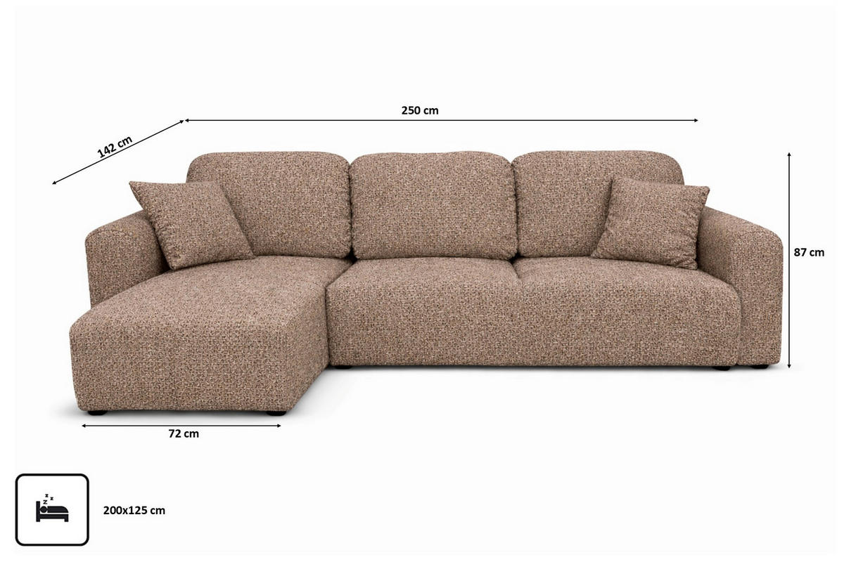 ECKSOFA Mit Schlaffunktion Und Bettkasten, Sofa L-Form Bingo L, Chenille-Stoff Artico, Beige, Links - Beige, Holz (250/142cm) - Kaiser Möbel