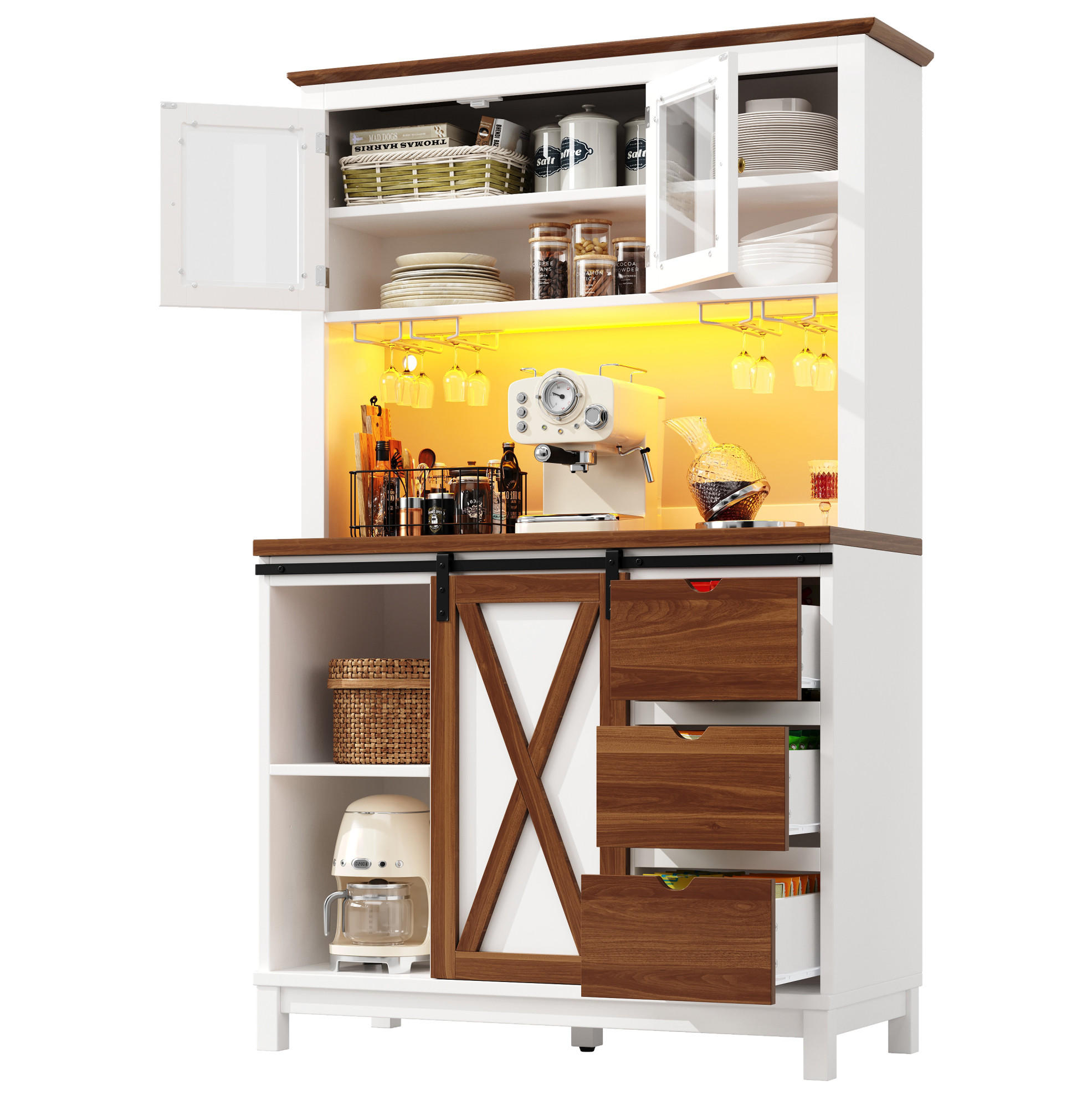 BUFFET 104/40/180 cm Weiß aus MDF, Glas und Metall mit LED - Weiß, Glas (104/180/40cm) - OKWISH