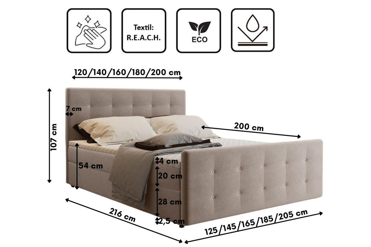 BOXBETT Mit Bettkasten Matratze Topper AMOR Beige 200x200 cm H3-Bonell - Beige, Holz/Textil (200/200cm) - Kaiser Möbel