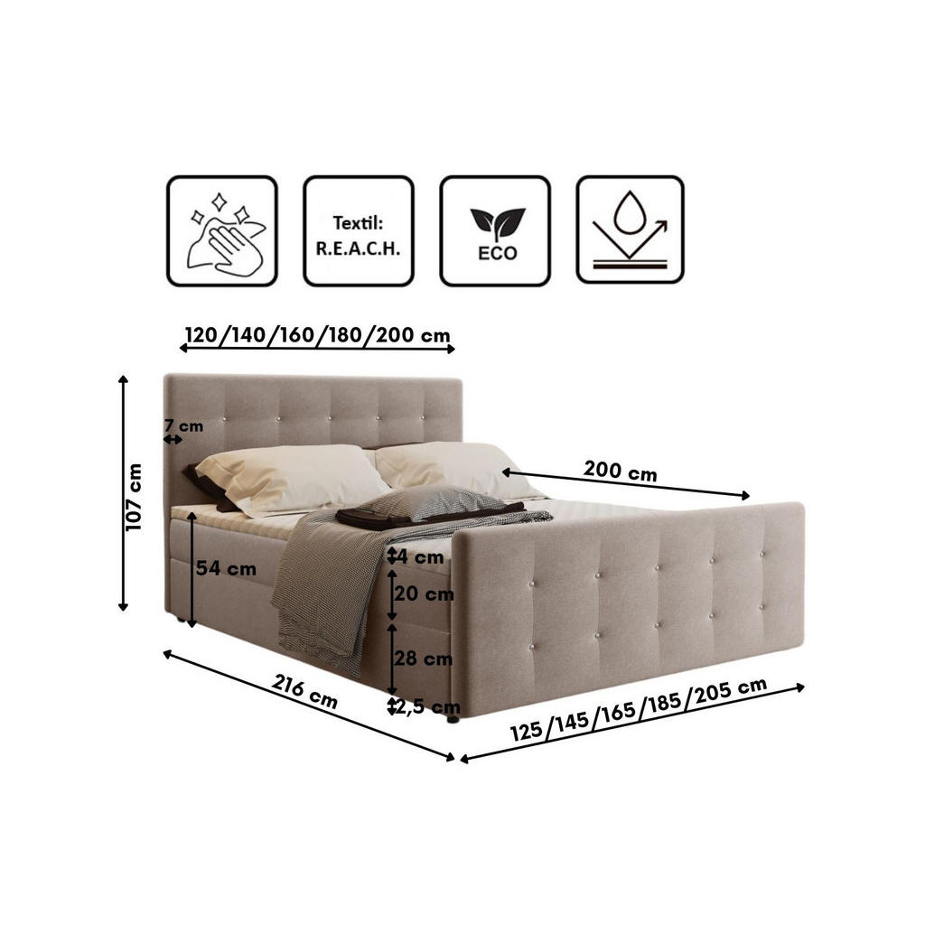 Thumbnail - Kaiser Möbel Boxbett, Beige, Textil, H3, Höhe ca. 20 cm, 200x200 cm, Oeko-Tex® Standard 100, Schlafzimmer, Betten, Boxsp...