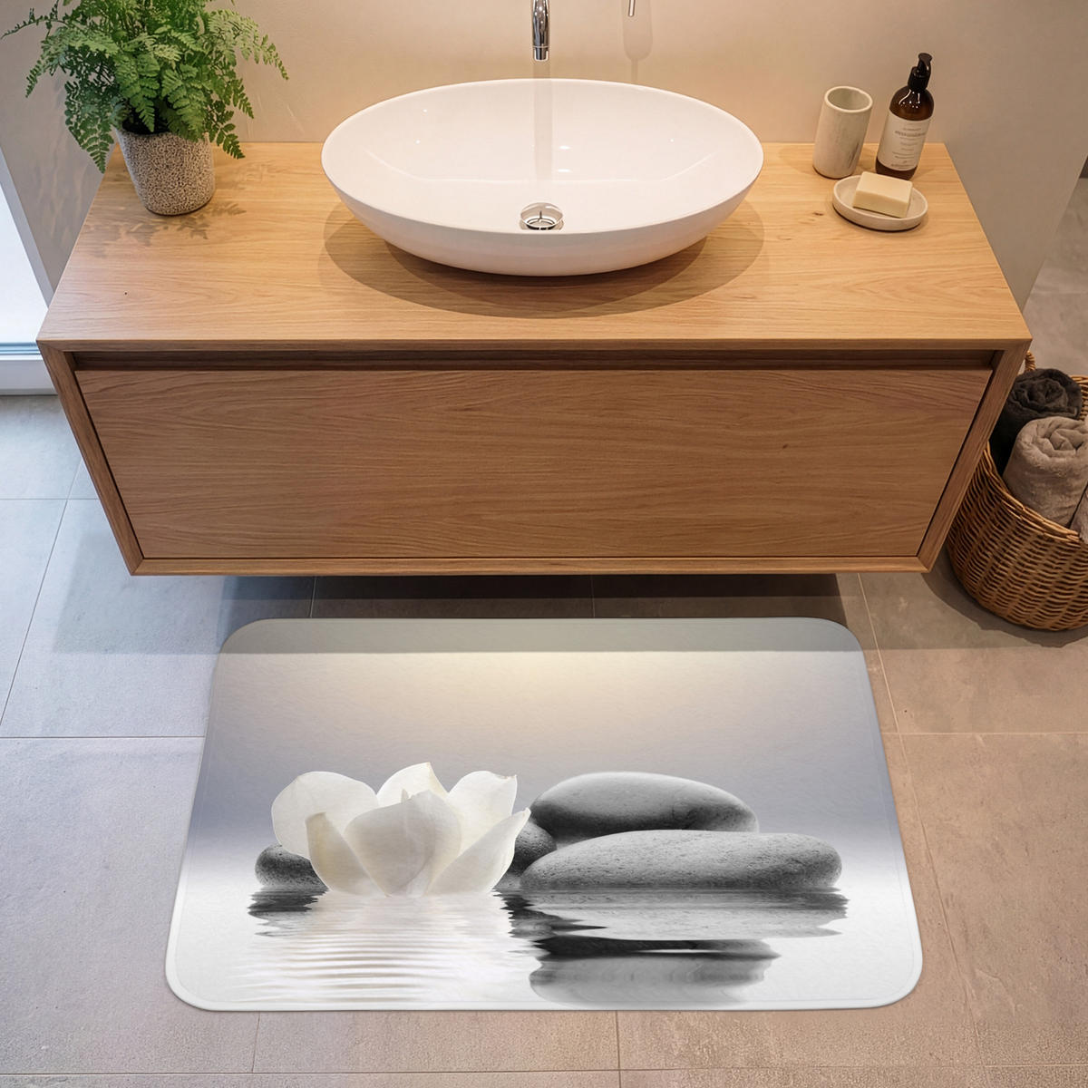 KOUPELNOVÁ PŘEDLOŽKA Kameny - Lotos - Bílý - Voda - Zen 90x60 cm - bílá, textil/plast (90/60cm) - OnlyWow