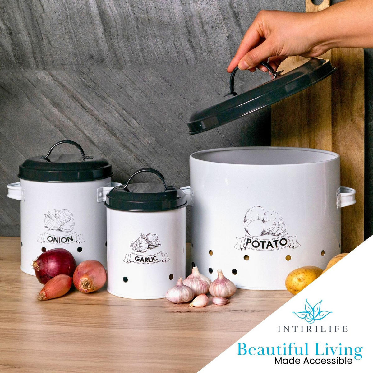 VORRATSDOSEN SET mit Deckel und Beschriftung (3-tlg.) - Weiß, Metall - Intirilife