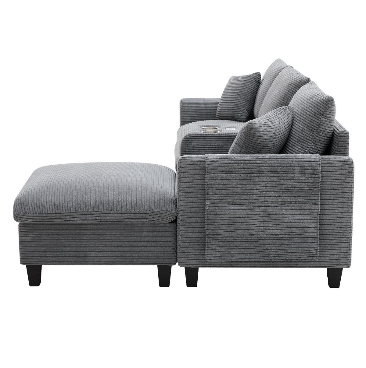 ECKSOFA L-Form 4-Sitzer mit USB-Anschlüssen & Armlehnen Aufbewahrungstaschen Cord Grau 229/149,5/83 cm - Grau, Textil (229/149.5cm) - OKWISH