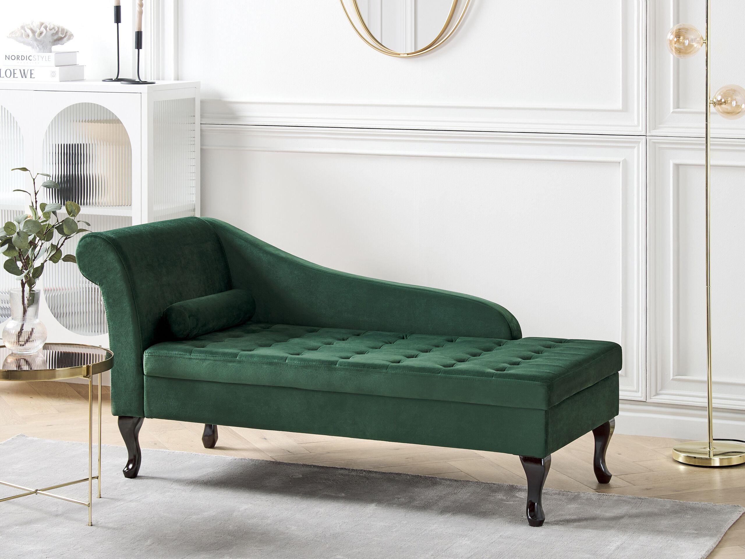 CHAISELONGUE Samtstoff dunkelgrün mit Bettkasten linksseitig Pessac - Schwarz/Grün, Textil (145/71/62cm) - Beliani