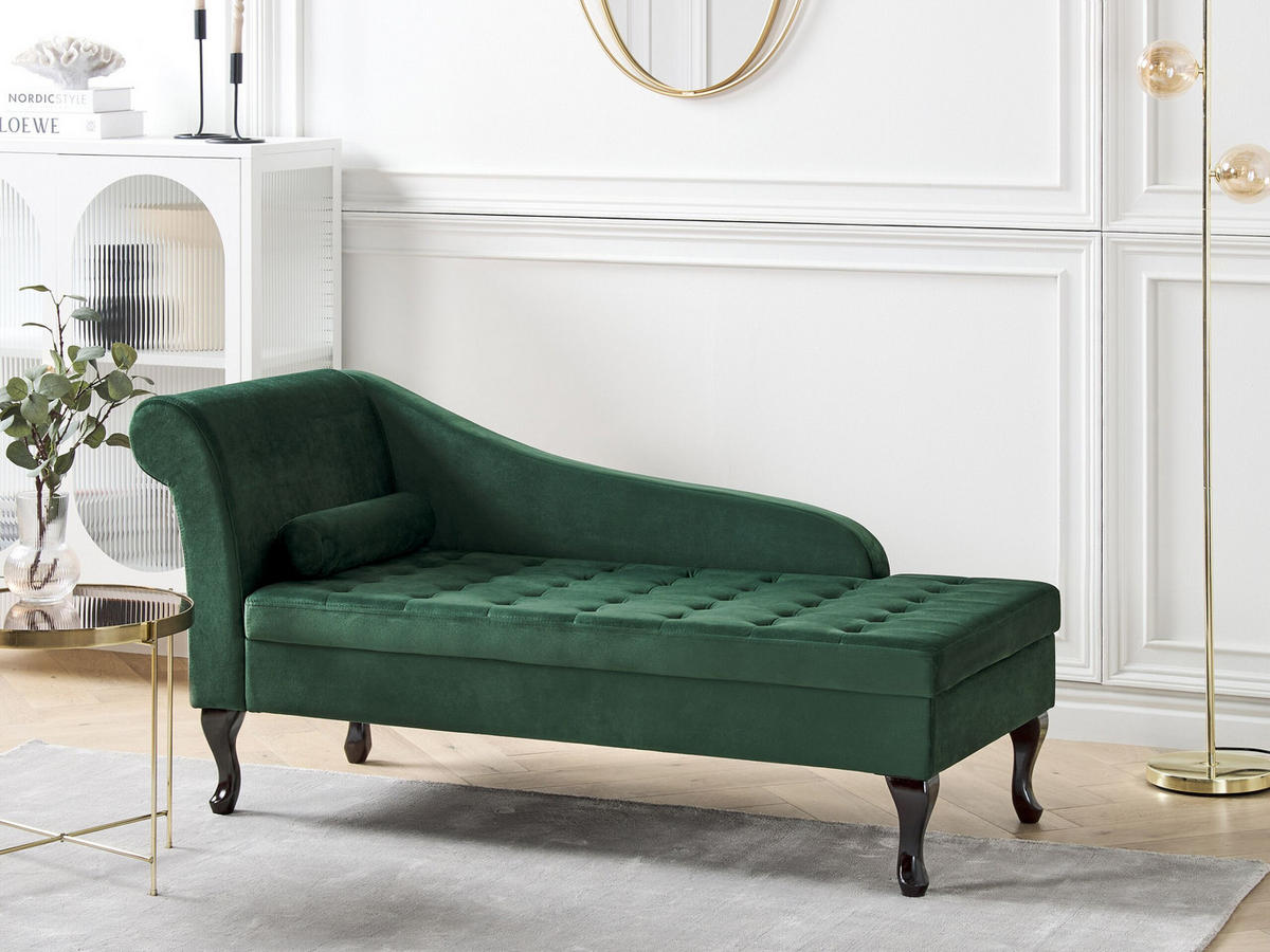 CHAISELONGUE Samtstoff dunkelgrün mit Bettkasten linksseitig Pessac - Schwarz/Grün, Textil (145/71/62cm) - Beliani