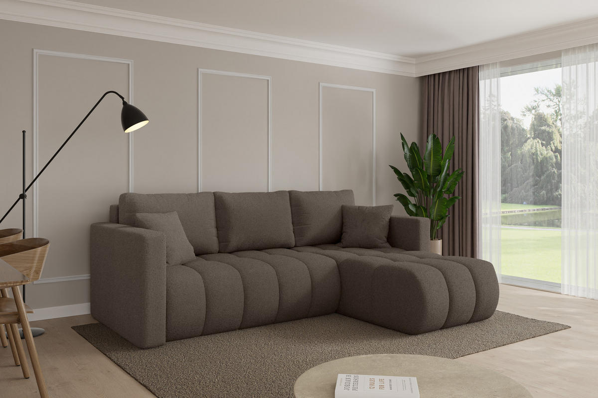 ROHOVÁ SEDAČKA s funkcí spaní, otoman vpravo GARD-L 226x146x85 hnědá bouclé - černá/hnědá, kompozitní dřevo/textil (226/146cm) - ALTDECOR