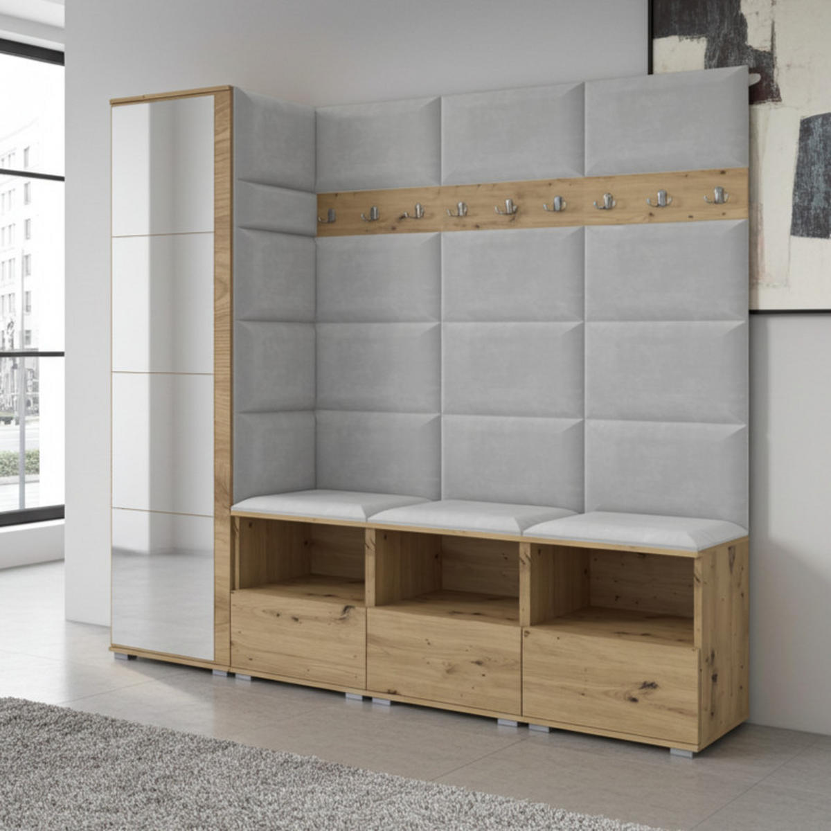 GARDEROBE NELA IX 200 cm (Modulare Flurmöbel Artisan Eiche mit Spiegel & Sitzpolster Hellgrau 32 Breite Sitzbank) - Silberfarben/Hellgrau, Holz/Holzwerkstoff (200/187/40cm) - Ravio