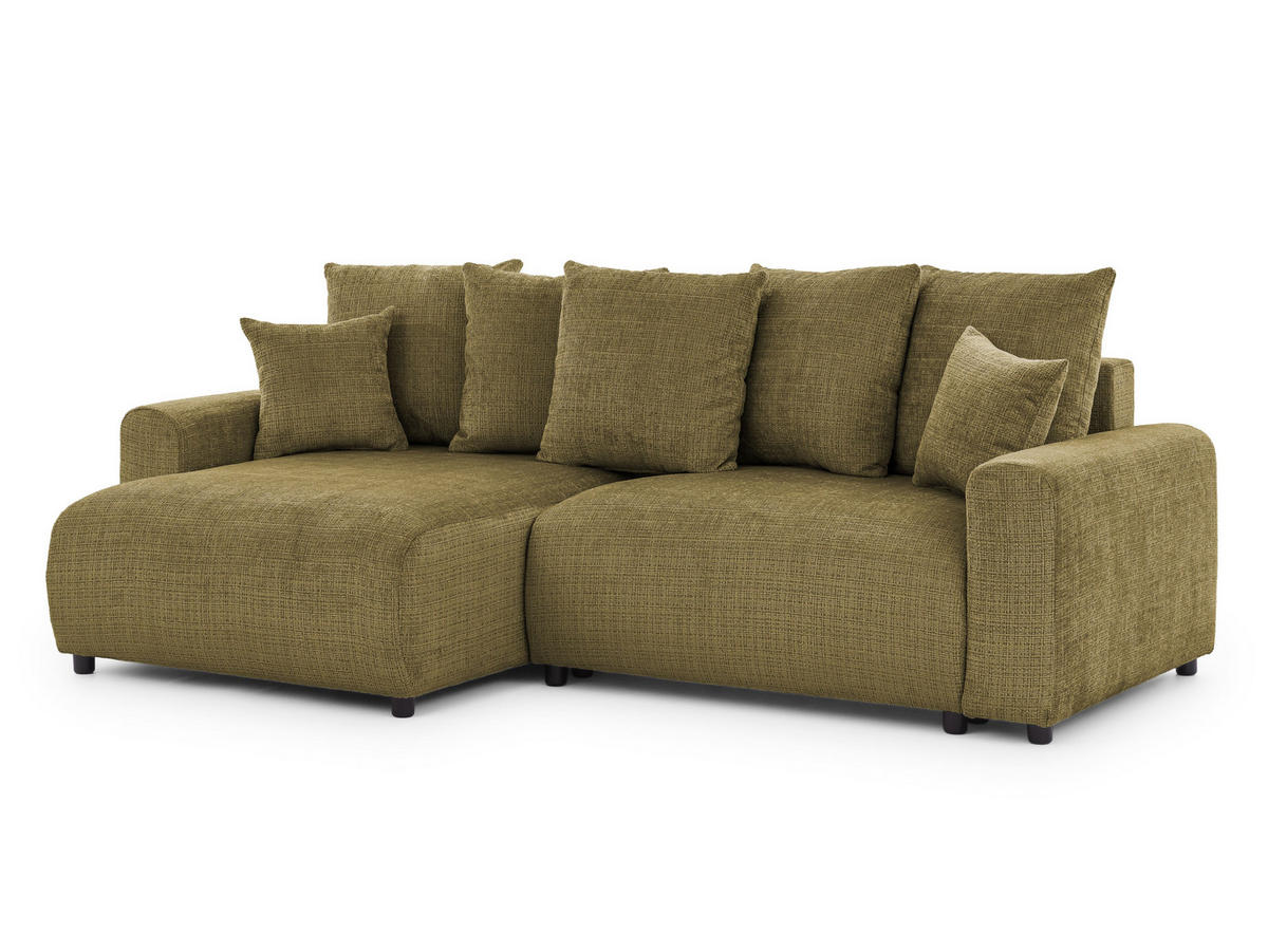 ECKSOFA Calma mit Schlaffunktion und Bettkasten im Bumpy-Design aus weichem Grün Chenille-Stoff - Ottomane links - Beige/Schwarz, Holz/Kunststoff (140/239cm) - S-Style Möbel