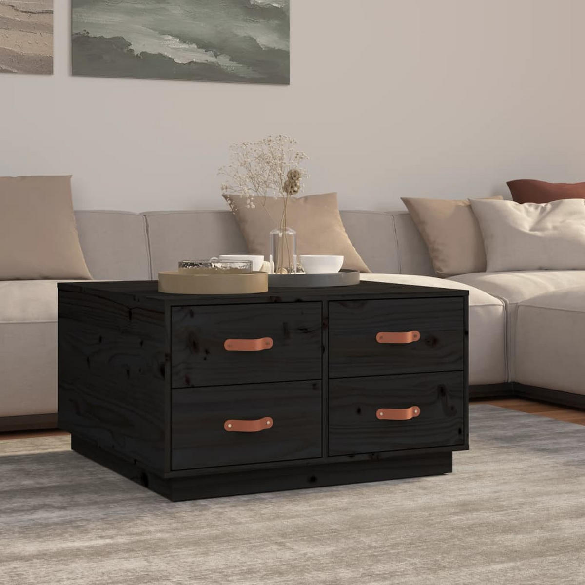 COUCHTISCH Schwarz 80x80x45 cm Massivholz Kiefer - Schwarz, Holz (80/45/80cm) - furnicato