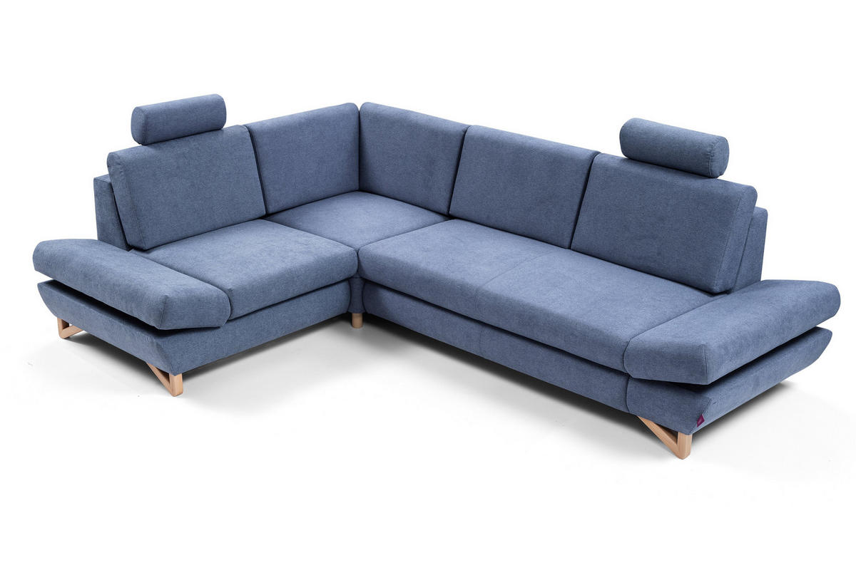 ECKSOFA CASA II L-S Blau Plüsch-Stoff mit Schlaffunktion - Blau, Holz (272/199cm) - MASSENO
