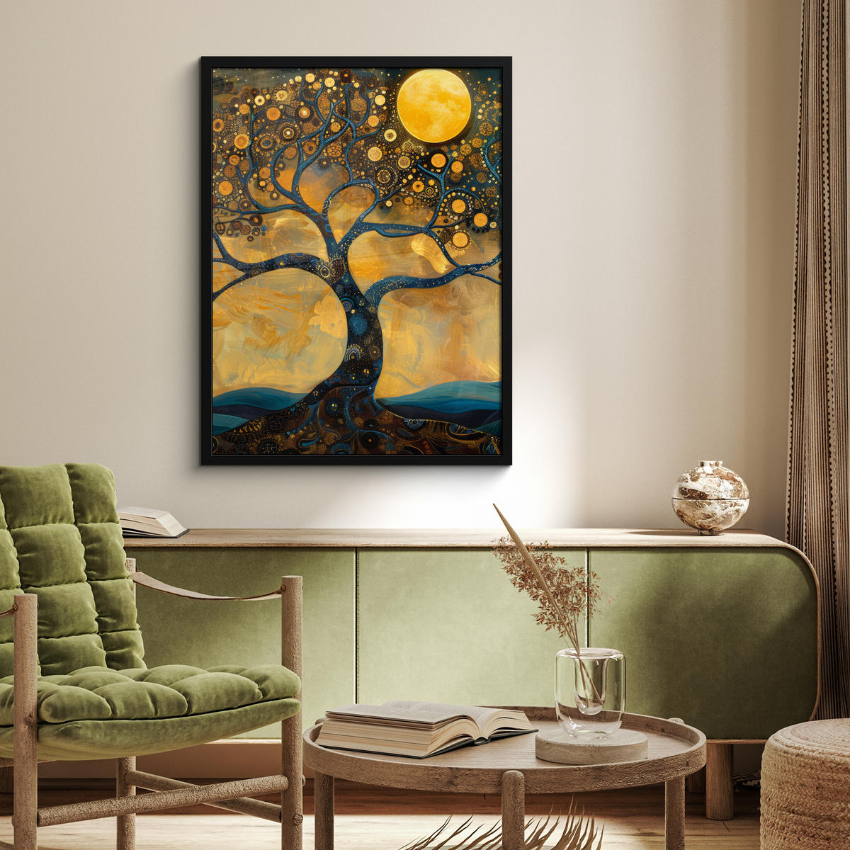 GERAHMTES BILD Baum - Mond - Blumen - Gold - Kunst 60x80 cm - Orange, Papier (60/80cm) - MuchoWow