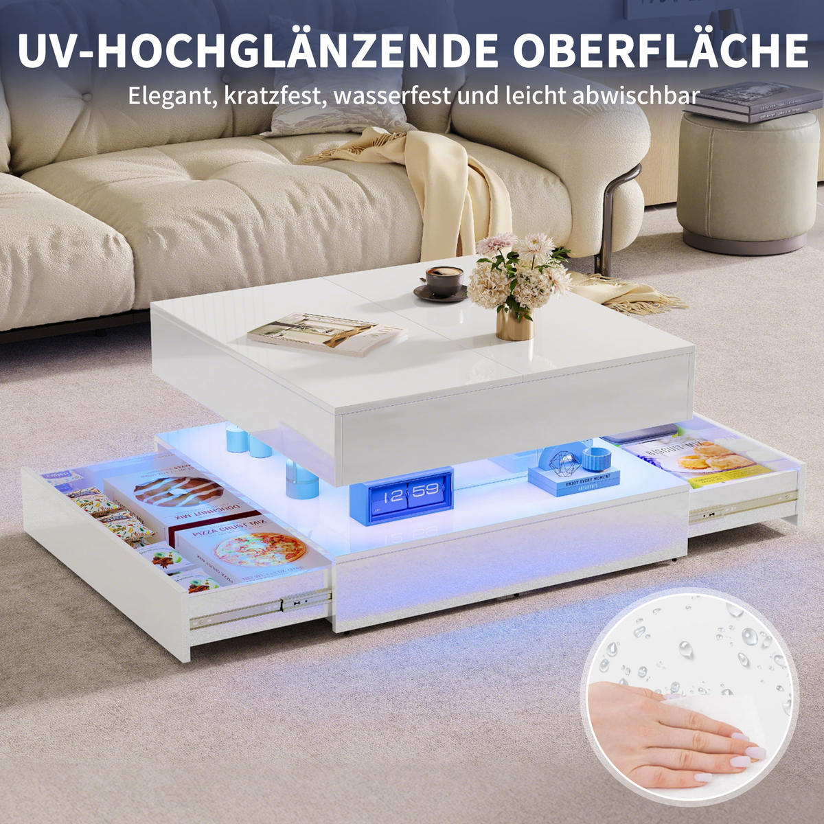 COUCHTISCH 78x78 cm mit RGB-LED & 2 Schubladen, Weiß Hochglanz - Weiß, Metall (78/78/43cm) - EuroLiving