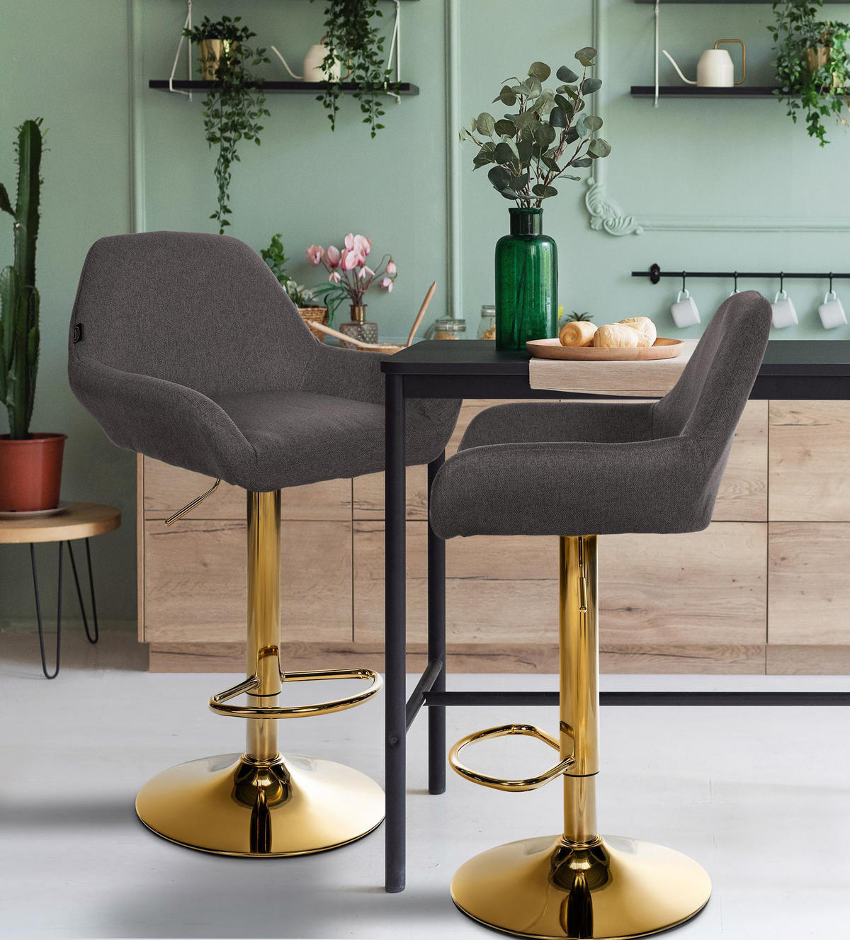 BARHOCKER 2er Set Prag Gold Stoff dunkelgrau - Dunkelgrau/Goldfarben, Textil/Metall (51/109/52cm) - TPFLiving