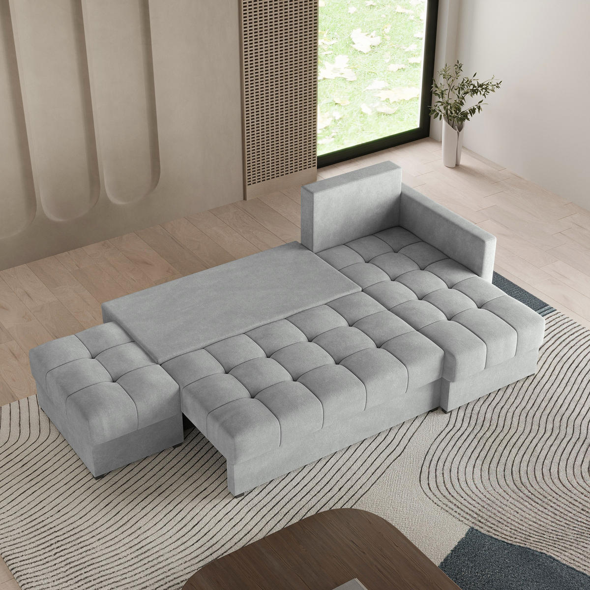 ECKSOFA LUMARI R-S Schwarz Plüsch-Stoff mit Schlaffunktion - Schwarz, Holz (262/143cm) - MASSENO